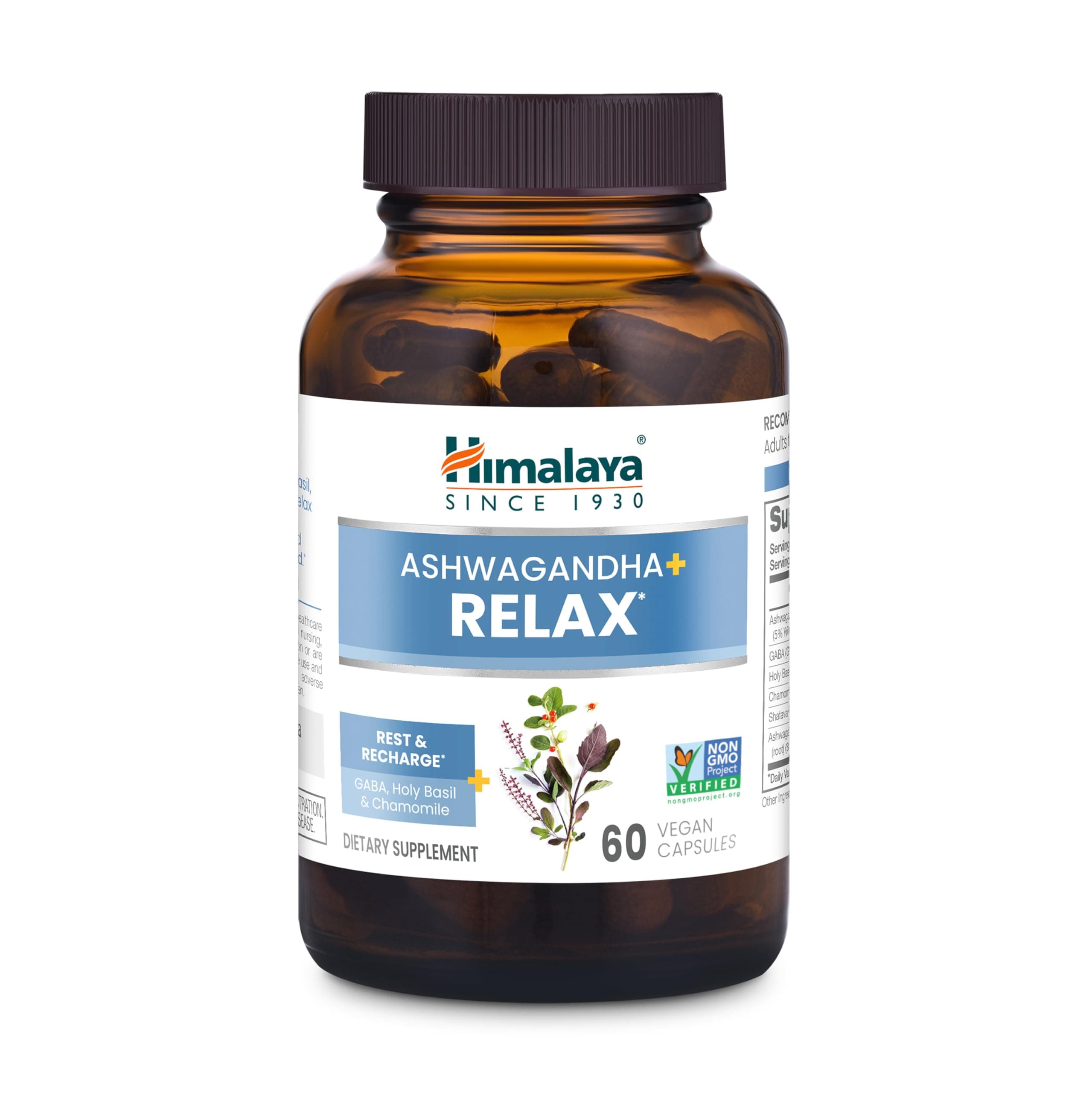 Himalaya Ashwagandha+ Relax, with GABA, Holy Basil & Chamomile for Reset, Relaxation & Stress Relief, Vegan, Gluten Free, 540 mg, 60 Vegetarian Capsules, 1 Month Supply