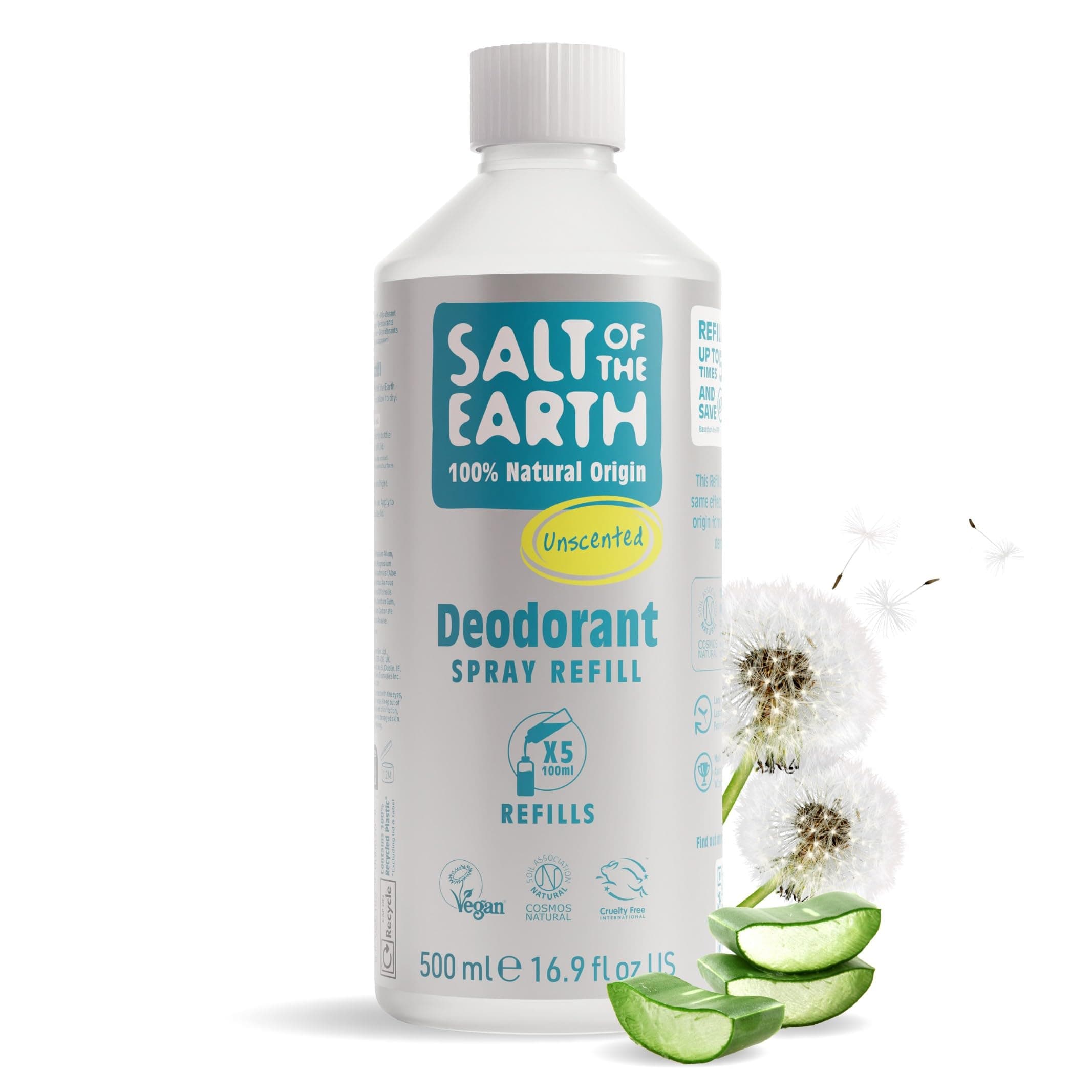 Salt of the Earth - Natural Deodorant Spray Refill - Unscented - 100% Natural Origin Ingredients - Vegan - Suitable for Men, Women & Children - 500ml