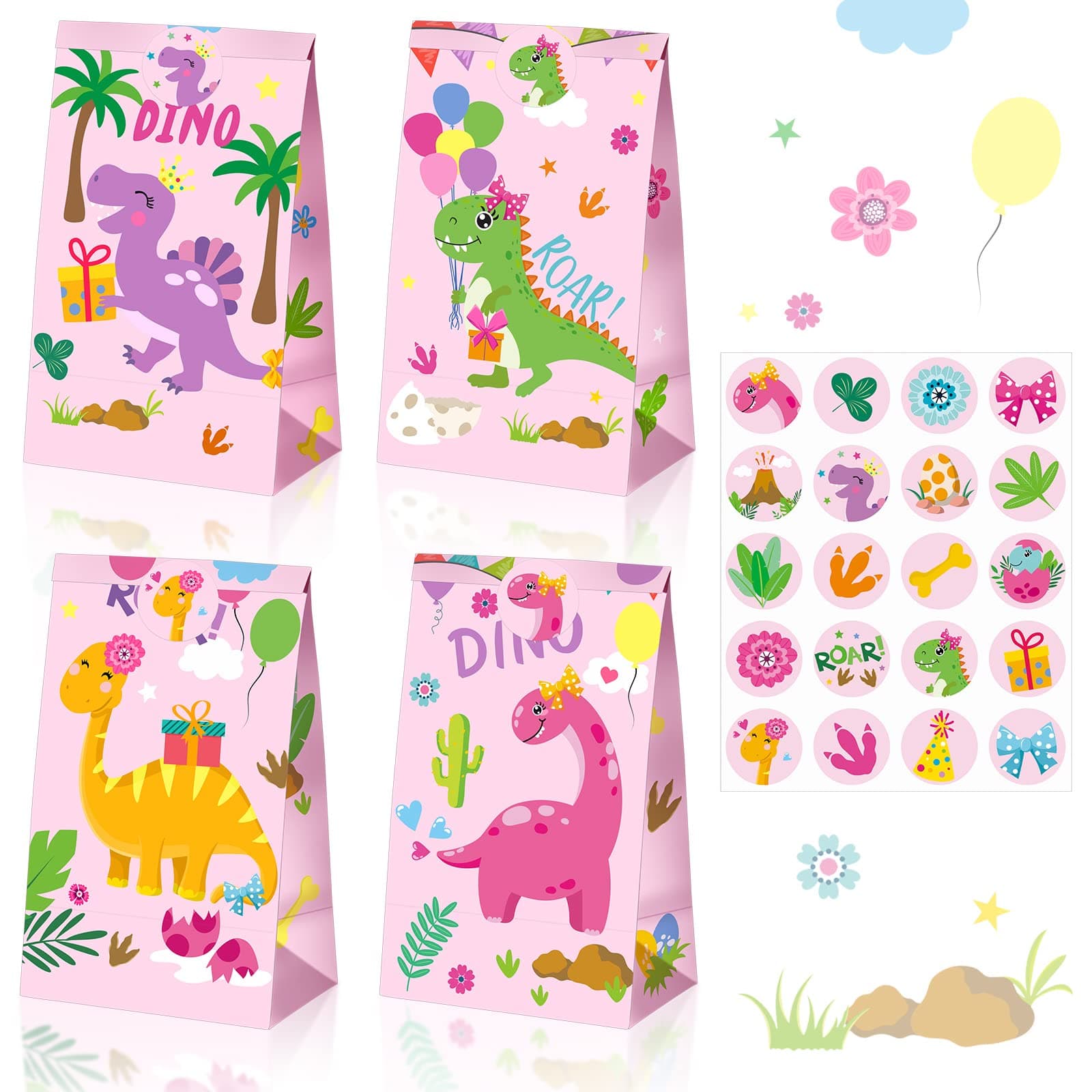 Pajean 24 Pieces Dinosaur Party Bags Dino Candy Favor Bags with Stickers Pink Goodie Treat Gift Bags for Kids Girls Dinosaur Birthday Party Supplies Decorations