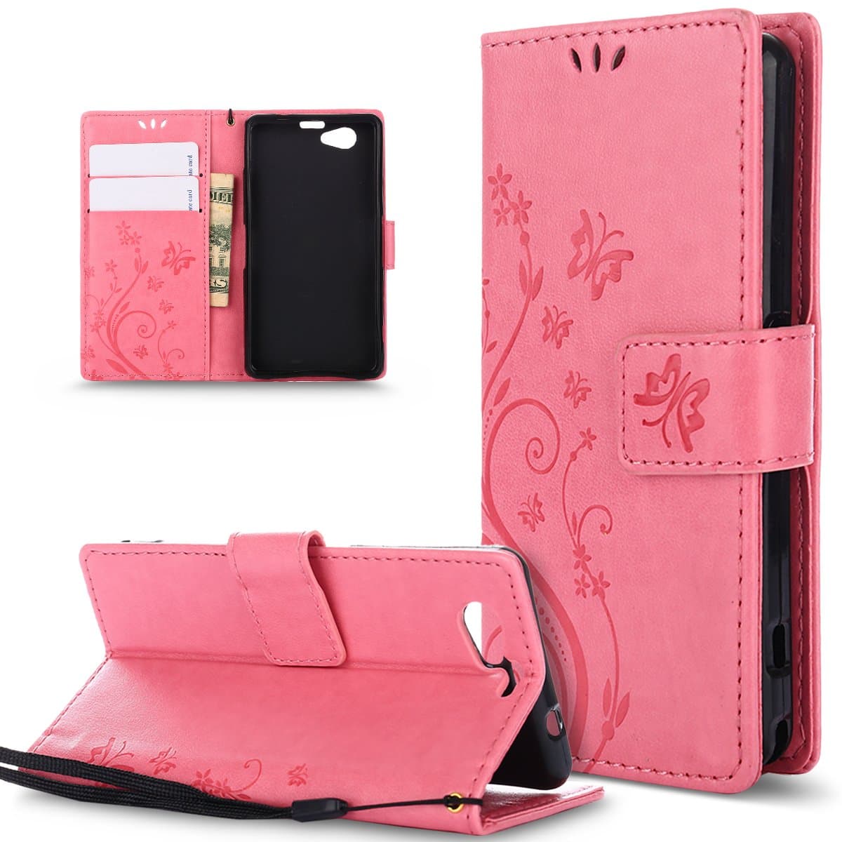 Sony Xperia Z1 Compact Case,Sony Xperia Z1 Compact Cover,ikasus Embossing Butterfly Flower PU Leather Flip Wallet Case & Card Slots Stand Protective Case Cover for Sony Xperia Z1 Compact,Light Pink