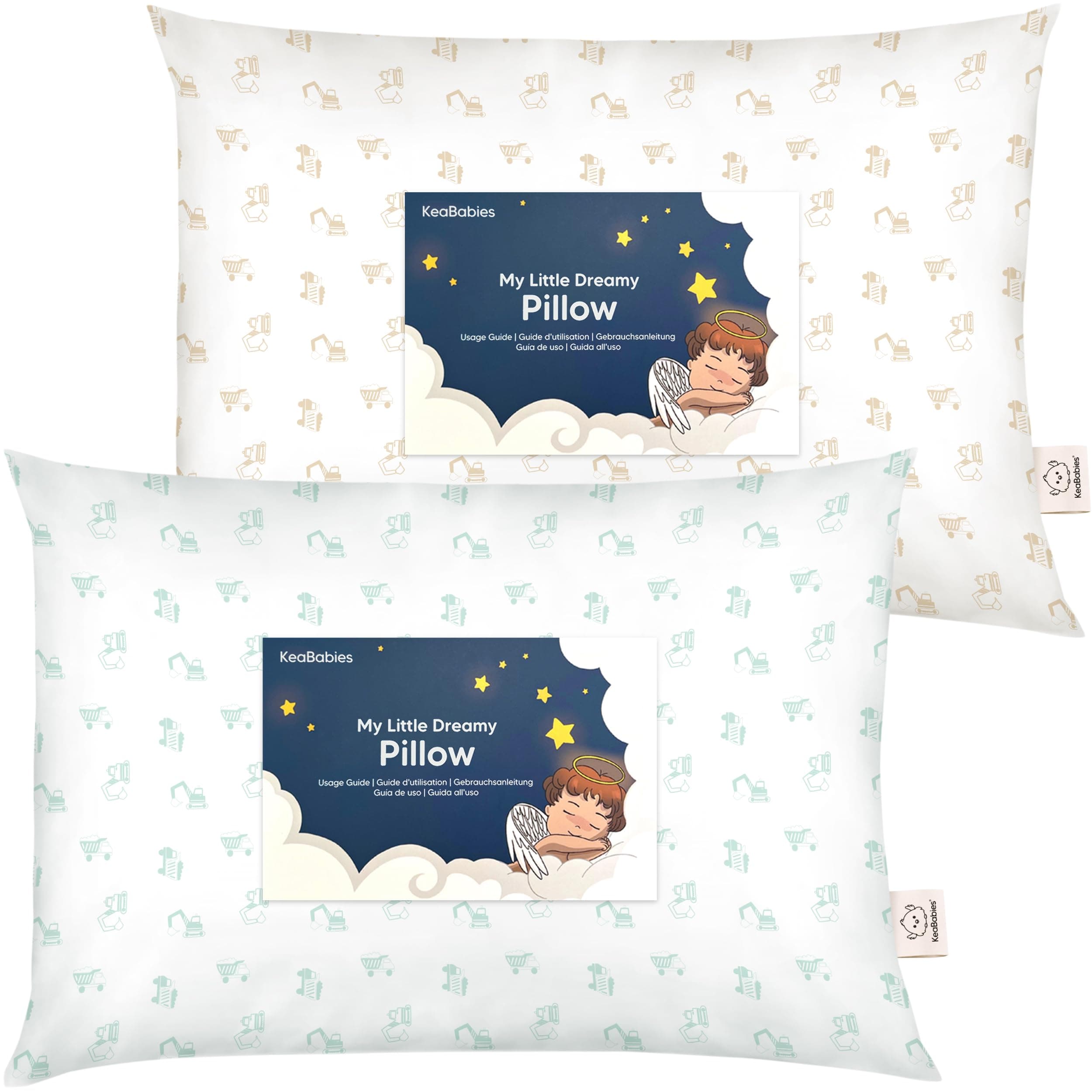 KeaBabies 2-Pack Toddler Pillows 2 Year Old to 5-13x18 Soft Organic Cotton Kids Pillow for Sleeping, Travel, School, Daycare, Nap, Toddler Bed, Machine Washable, Without Pillowcase (Excavator)