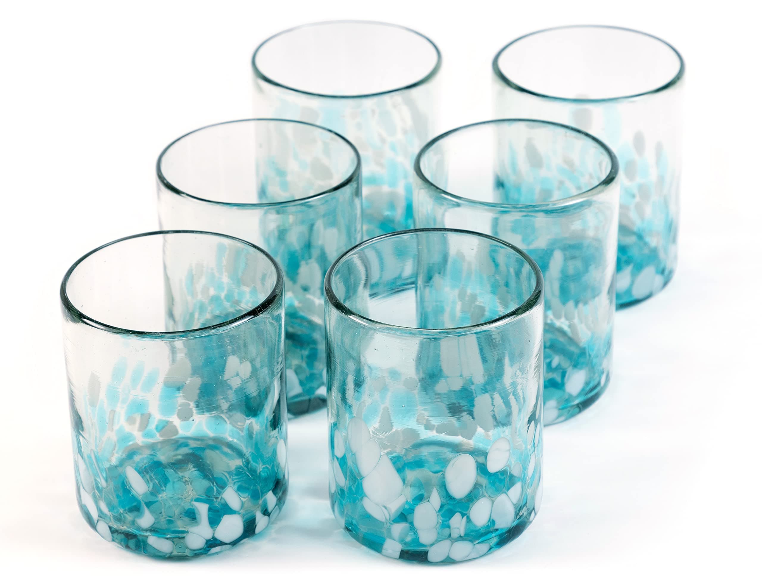 12 oz Hand Blown Mexican Drinking Glasses - Set of 6 tumblers, 11-13 fl oz each, Ocean Blue Confetti