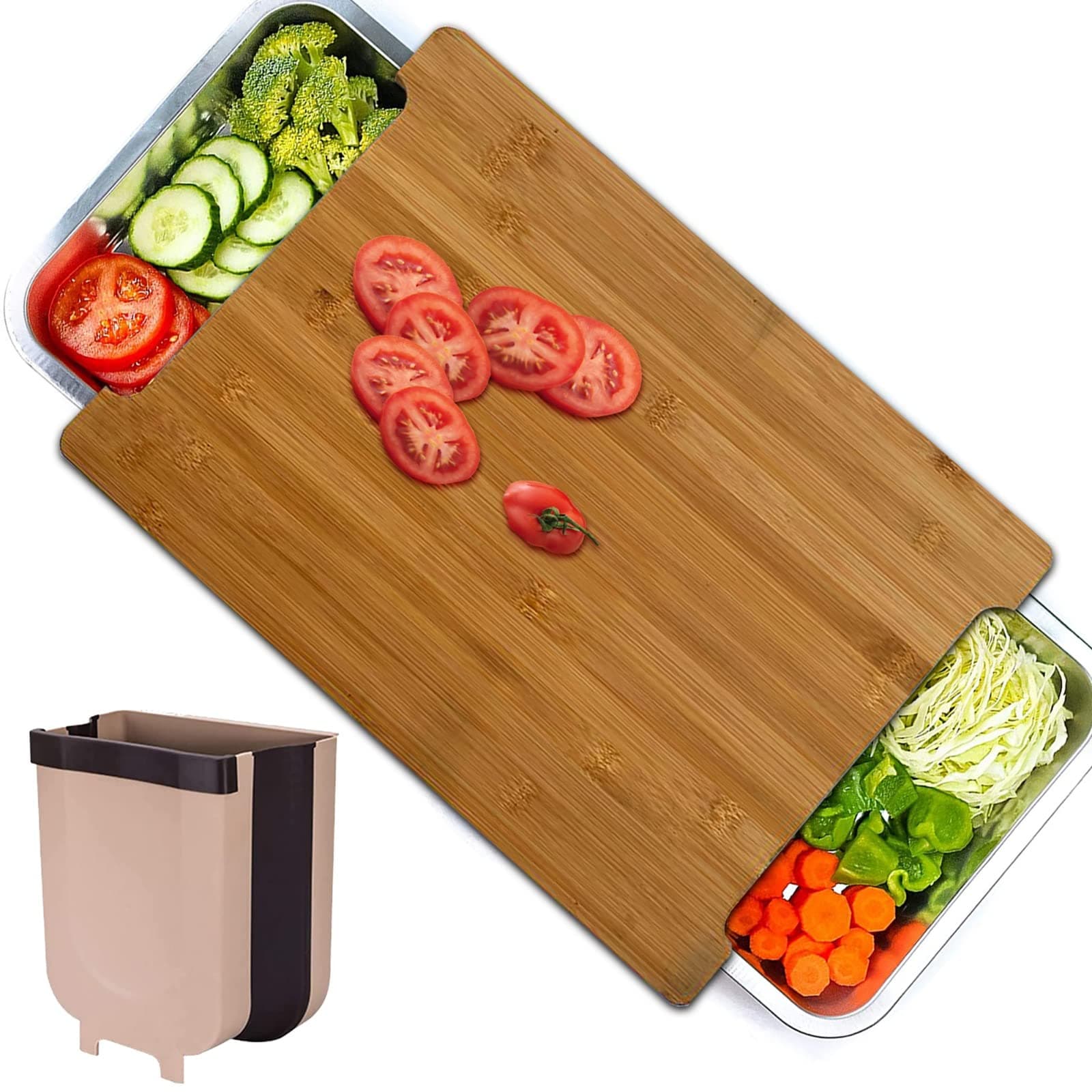 BAMBOO CUTTING BOARD SET with 2 STAINLESS STEEL PULL OUT TRAYS & HANGING PORTABLE GARBAGE CAN – with NON SLIP JUICE CATCHER GROOVE SLIDE TRAYS WITH TRASH – WOODEN CHOPPING BOARD