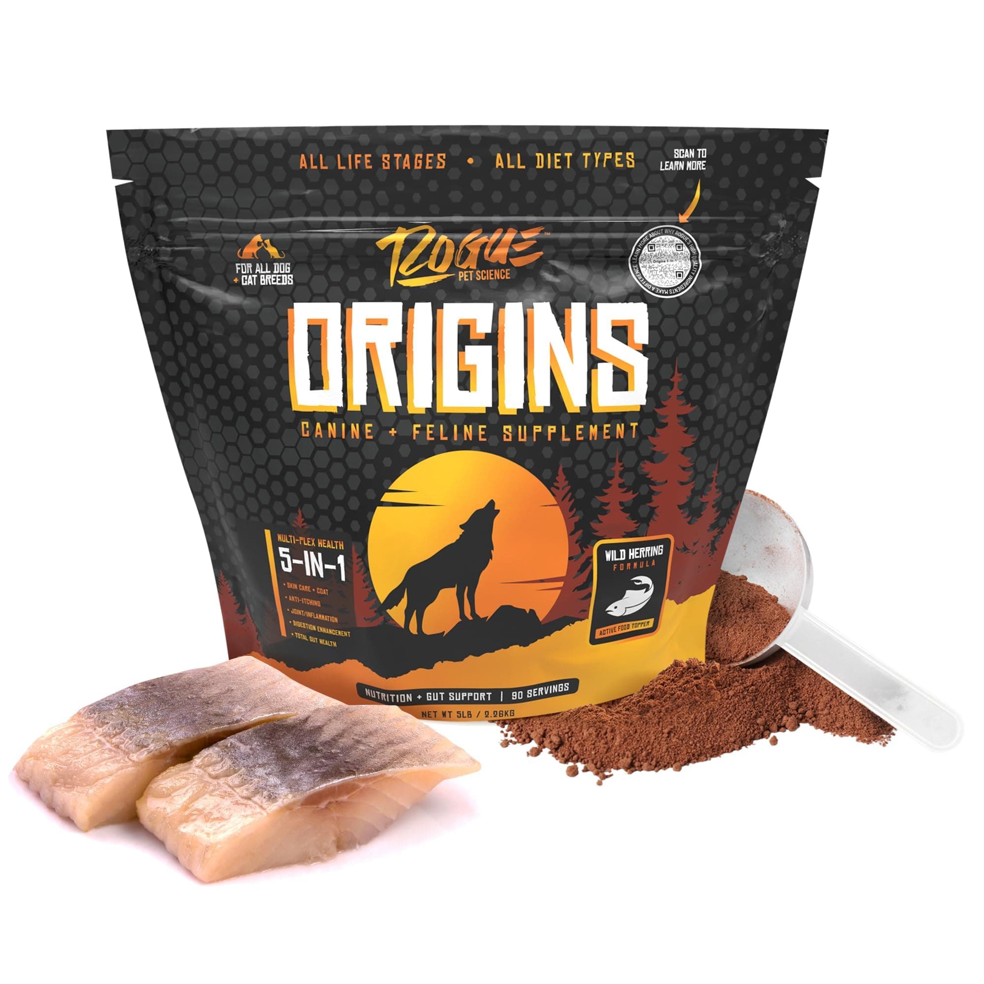 ROGUE PET SCIENCE Origins 5-in-1 Dog Supplement - Powdered Food Topper w/Natural Omega 3 Fish Oil - Supports Healthy Digestion, Skin, and Coat - Helps Reduce Itching & Joint Inflammation (5 lbs)