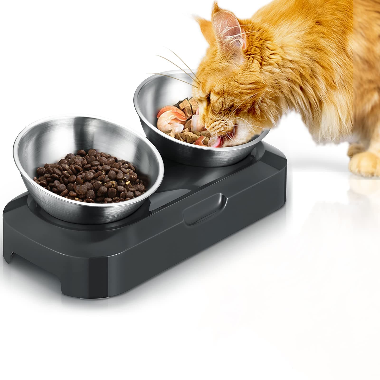 Cat Bowls with Stainless Steel, 15° & 0° Tilting Neck Protective Bowl Easy to Clean & Non-Slip Silicone Mat Raised Puppies Food Feeder for Pets, Cats Small Dogs and Food and Water Feeding