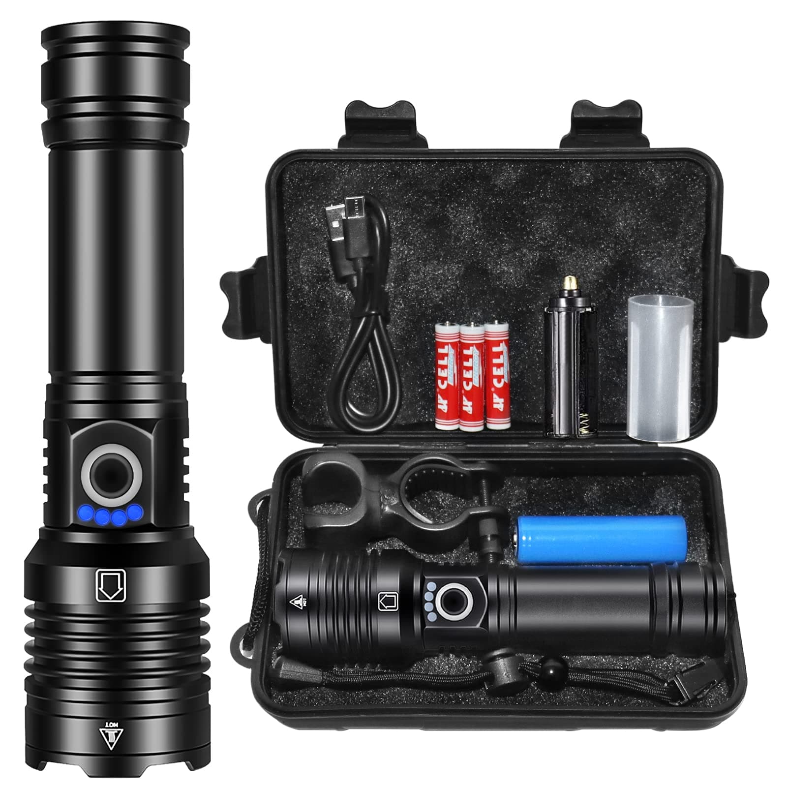 Flashlights LED High Lumens Rechargeable, 5000 Lumens XHP50 Super Bright Flashlight, High Power Flash Light, 5 Light Modes, Zoomable Handheld Flashlight for Emergency Camping Hiking Gift