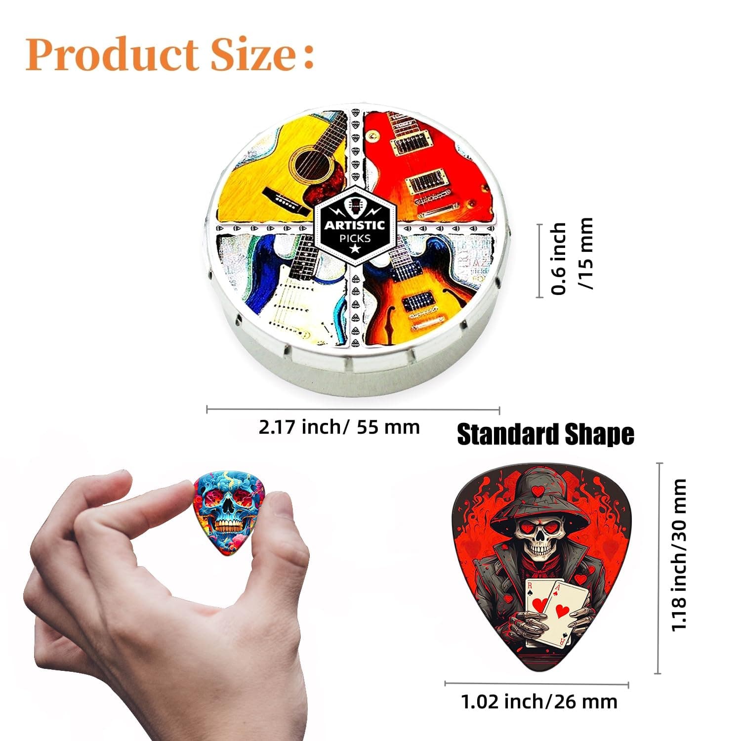 Guitar Picks,24 Pack Skull Guitar Picks Thin, Medium, Heavy Guitar Pics,Guitar Pick Variety Pack for Acoustic,Bass, Electric Guitars 0.46, 0.71, 0.96,1.2mm (Mix 6)