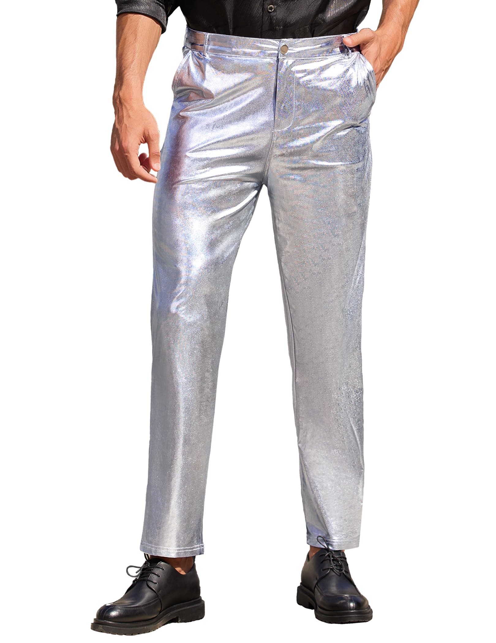 COOFANDY Men's Metallic Shiny Pants Night Club Pants 70s 80s 90s Disco Pant Party Dance Straight Leg Trousers