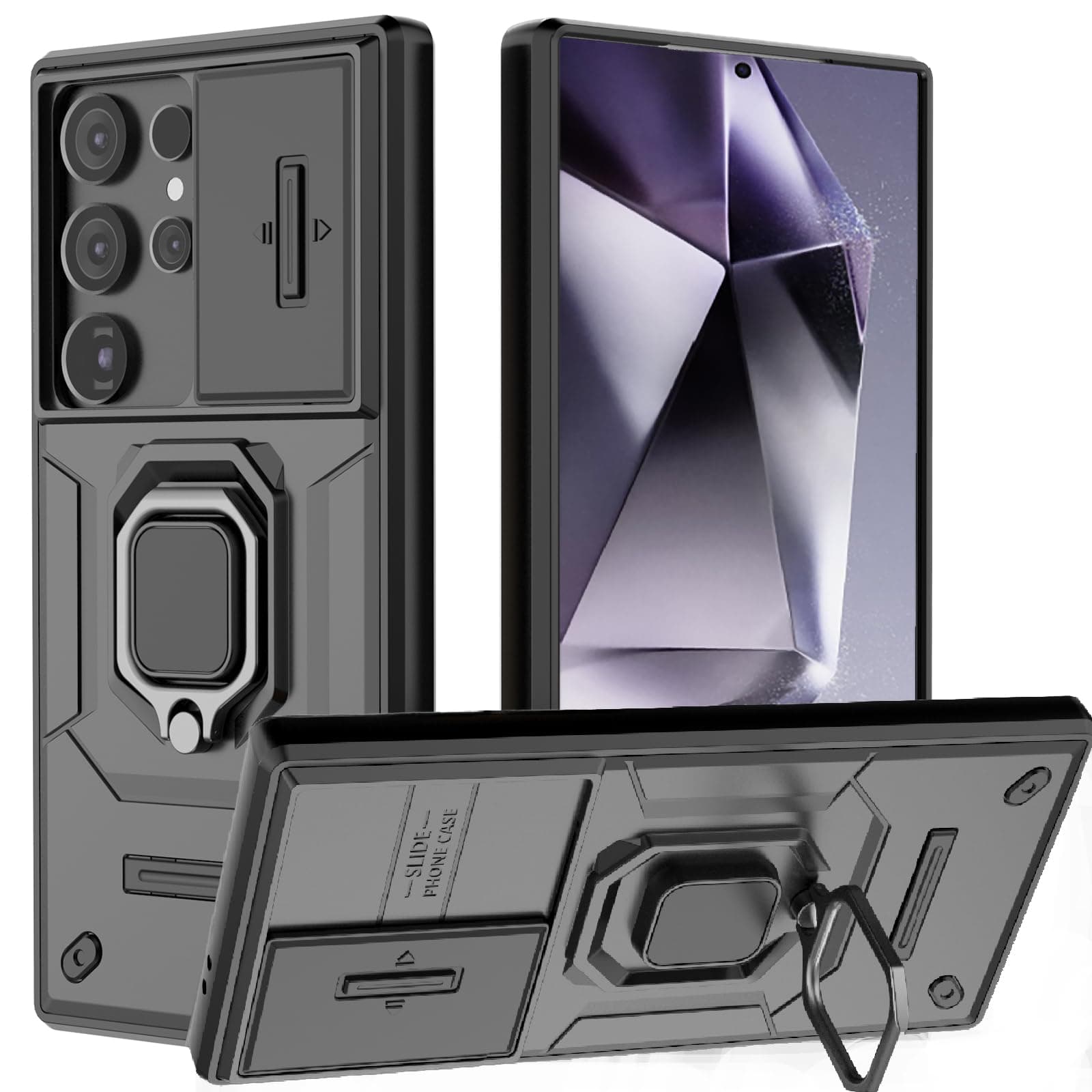 for Sumsung Galaxy S24 Ultra Case with Sliding Camera Cover, for Sumsung S24 Ultra Case with 360° Rotate Ring Kickstand Heavy Duty Protective Shockproof Protective Phone Case for S24 Ultra Cover,Black