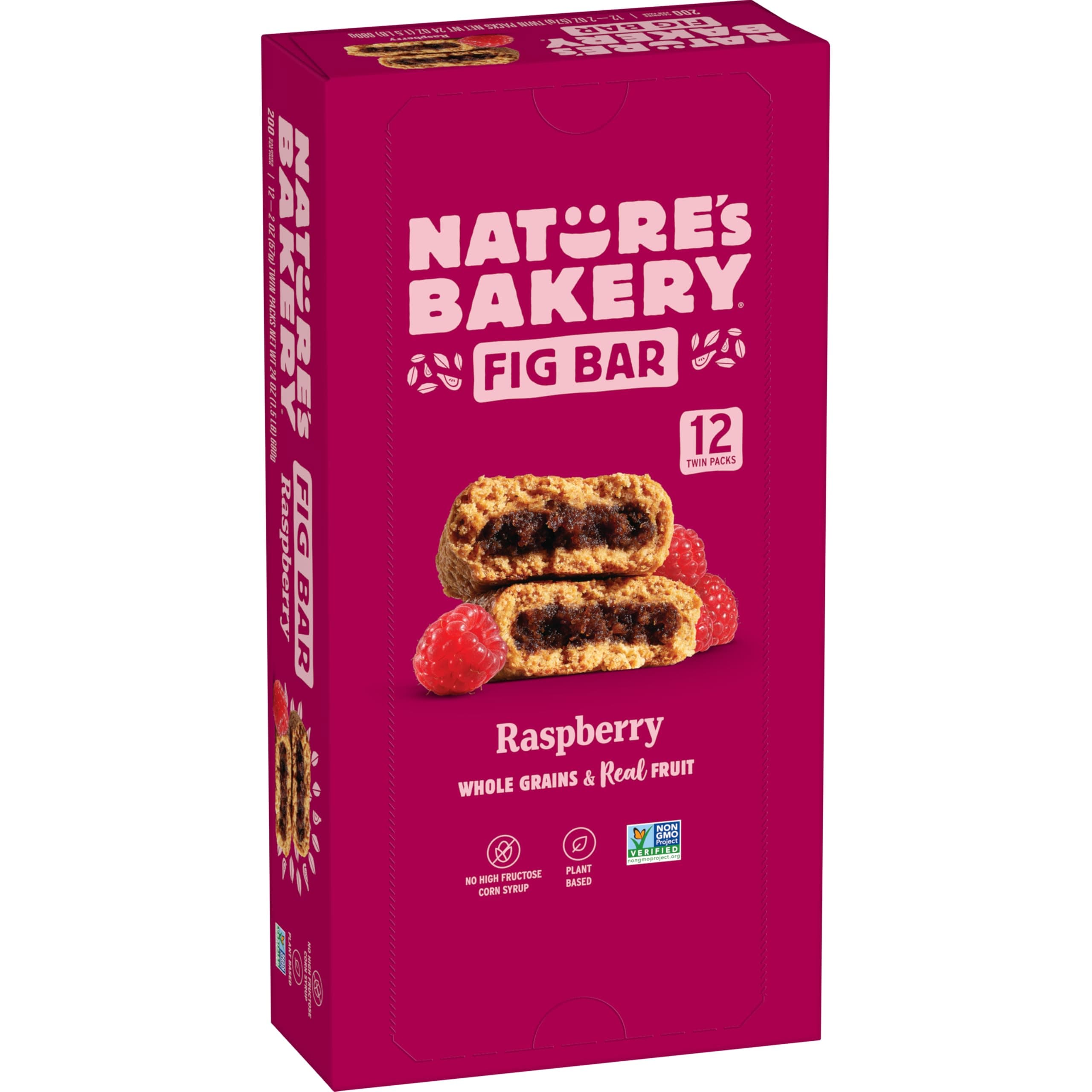 Nature’s Bakery Whole Wheat Fig Bars, Raspberry, Real Fruit, Vegan, Non-GMO, Snack bar, 1 box with 12 twin packs (12 twin packs)