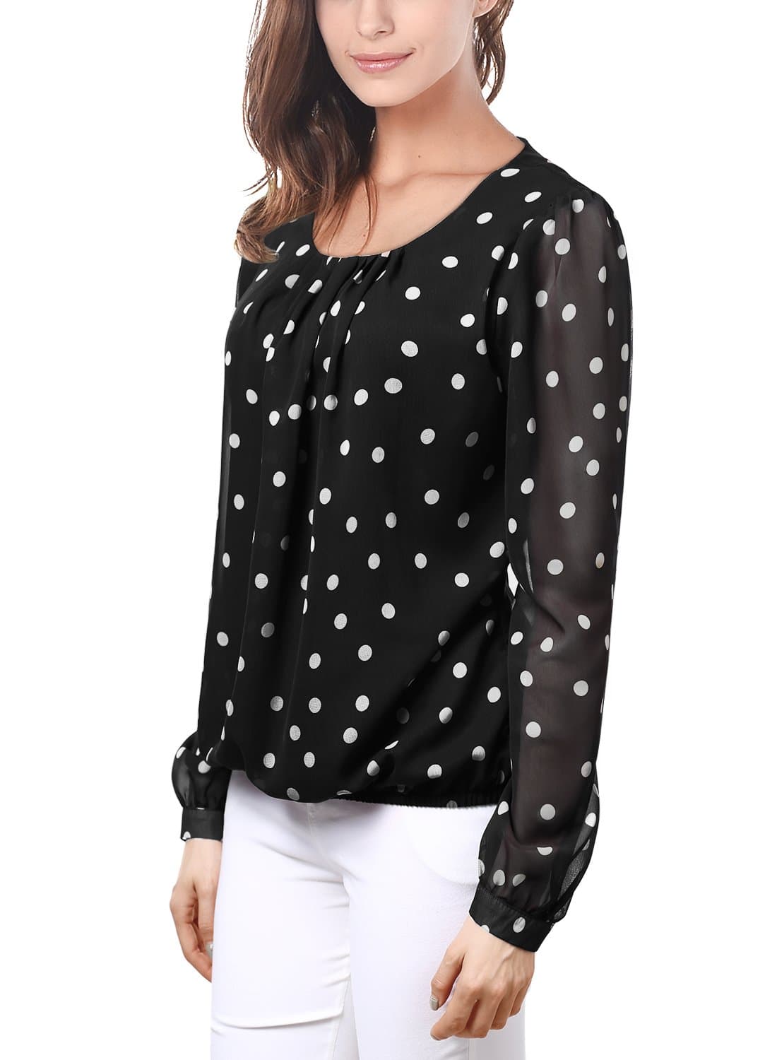 MeiC Shirts, Womens Long Sleeve Slim Casual Pleated T-Shirt Blouse XX-Large Black Polka Dot_2