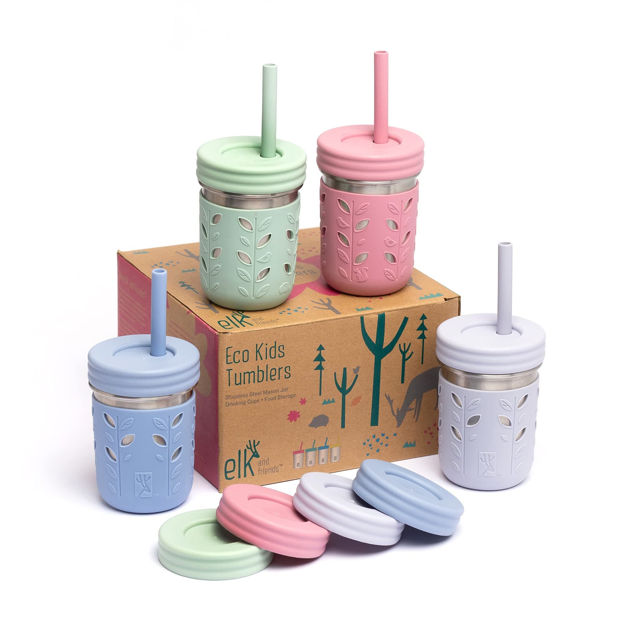 Elk and Friends 10oz Stainless Steel Kids + Toddler Drinking Cups | The Original Mason Jar with Sleeves + Lids | Silicone Straws | Smoothies | Storage Jar | Spill Resistant | Dishwasher Safe | 4 Pack
