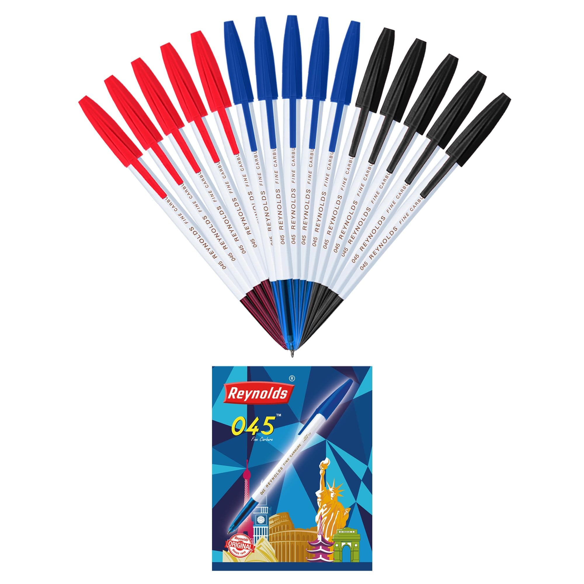 Reynolds 045 PACK OF 15 PENS (POUCH) - 5 BLUE. 5 BLACK, 5 RED | Ball Point Pen Set With Comfortable Grip | Pens For Writing | School and Office Stationery | Pens For Students | 0.7mm Tip Size