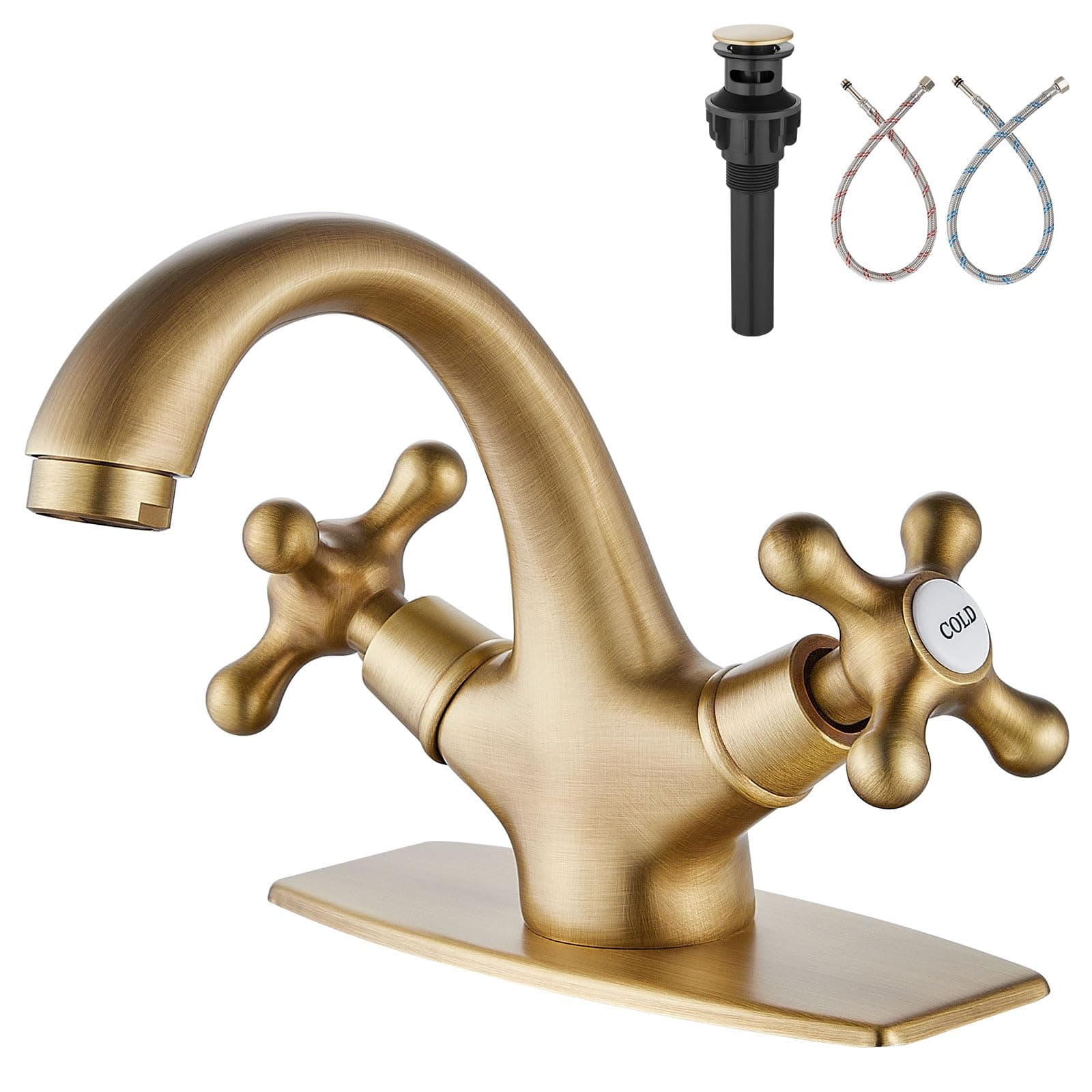 Aolemi Bathroom Sink Faucet Single Hole Cold and Hot Double Handle Cross Knobs Vanity Vessel Sink Basin Mixer Tap with Deck Cover Plate with Pop Up Drain Antique Brass