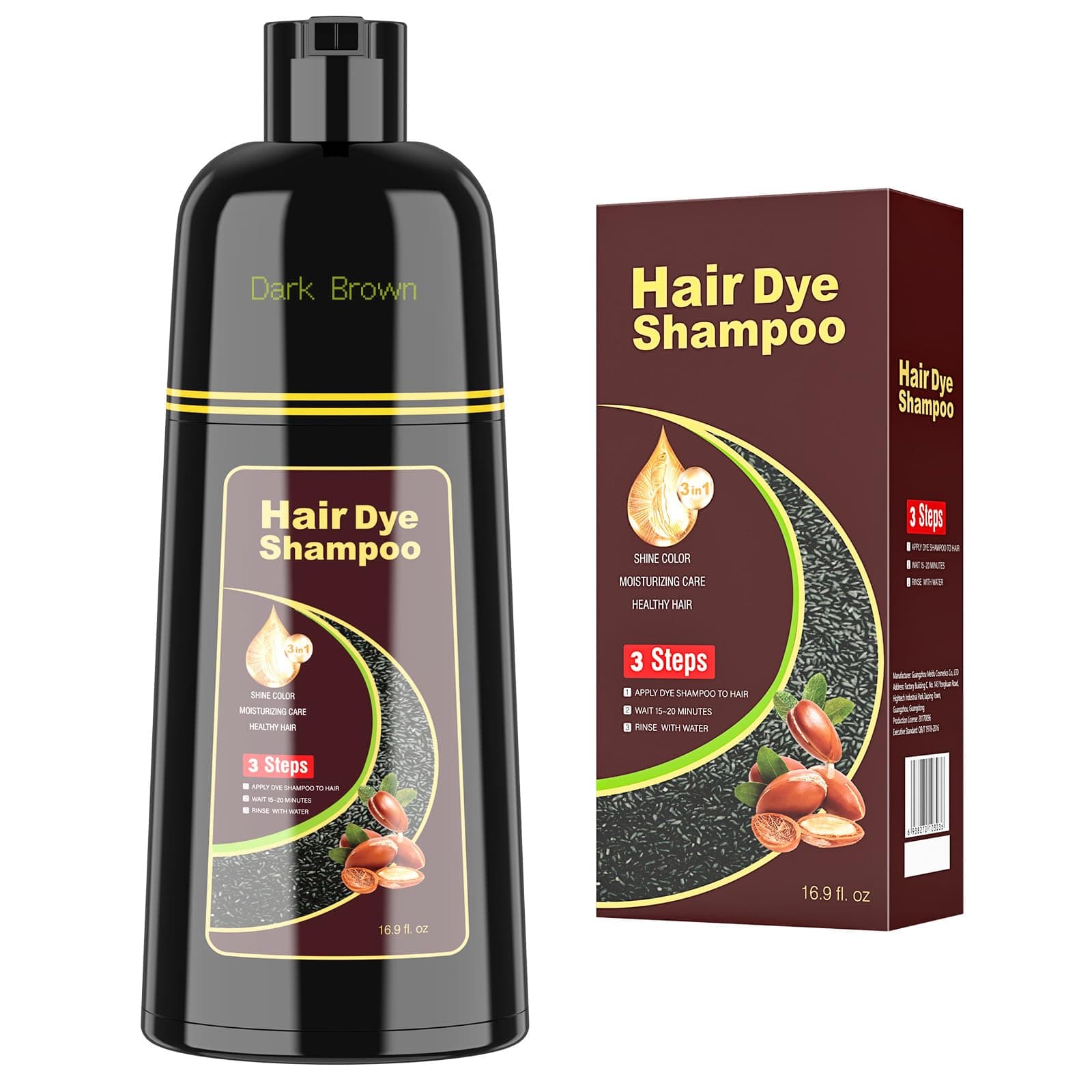 Dark Brown Hair Dye Shampoo for Woman & Man, Argan Hair Color Shampoo 3 in 1, Semi-Permanent Gray Hair Coverage, Mild Formula, Lasts 30 Days(16.90 oz)