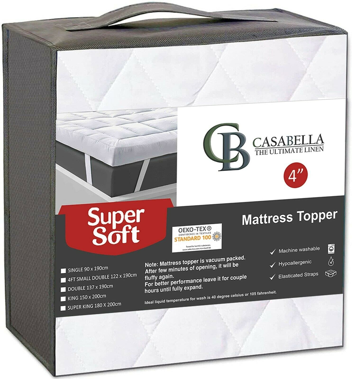 Casabella Single Mattress Topper 4 Inch (10 cm) Thick Super Soft Hypoallergenic Breathable, Box Stitched With Elasticized Corner Strap 90x190+10cm
