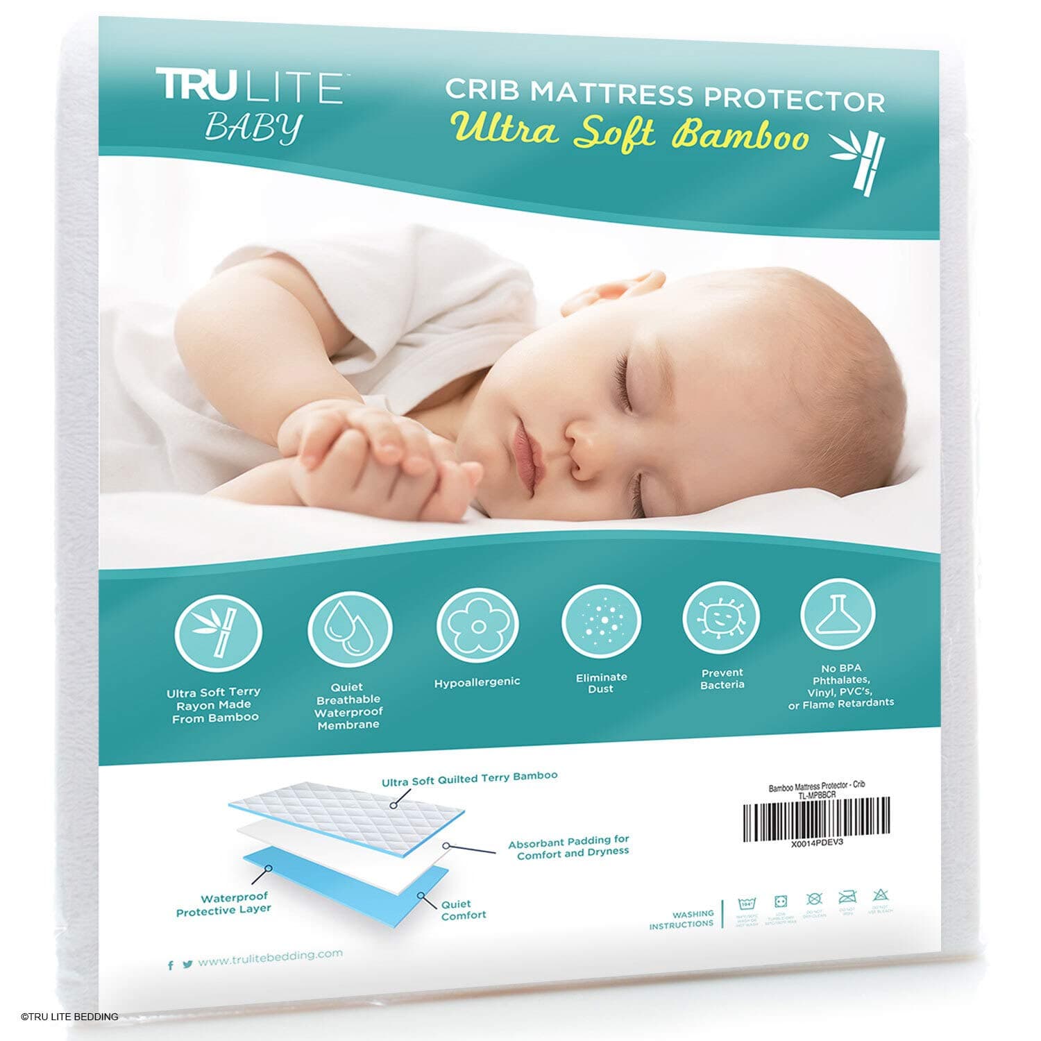 TRU Lite Bedding Waterproof Baby Crib Mattress Cover - Pull-On Toddler Mattress Protector - Bamboo Rayon Fiber Quilted Terry Fitted Sheet - Superior Protection
