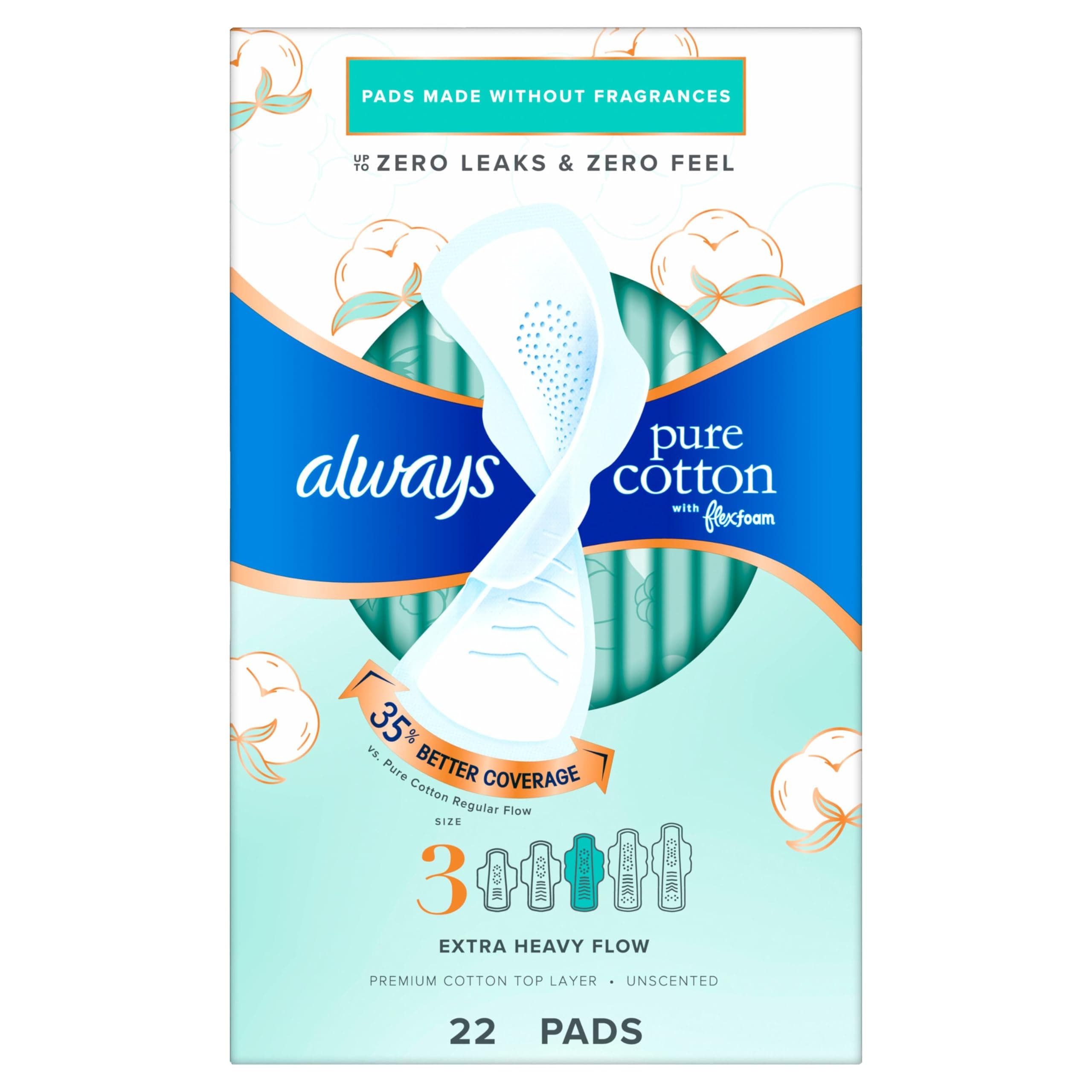 Always Pure Cotton Feminine Pads for Women, FlexFoam Pads with Wings, Size 3, Extra Heavy Flow Absorbency, Unscented, 66 Count (3 Packs of 22)