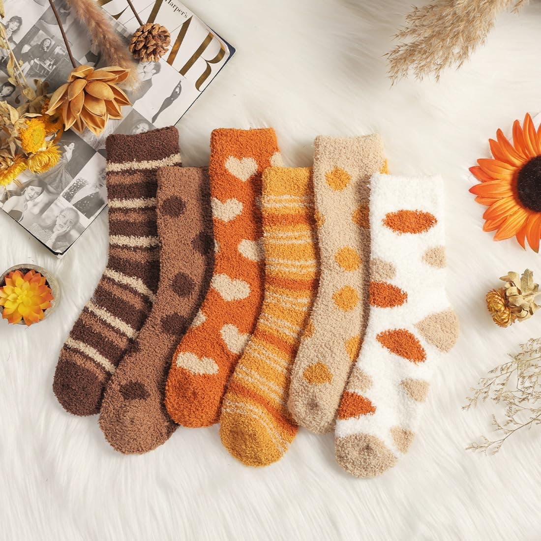 Plush Slipper Socks Women - Colorful Warm Fuzzy Crew Socks Cozy Soft 3 to 6 Pairs for Winter Indoor
