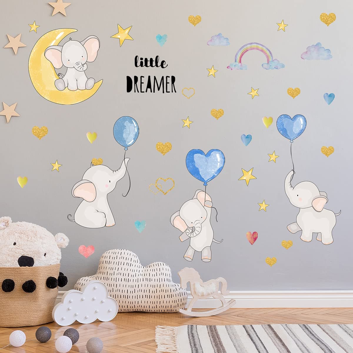 Colorful Balloon Flying Animals Wall Decals, Cute Elephant Love Hearts and Stars Wall Stickers, Removable Peel and Stick Cartoon Neutral Vinyl Wall Decor for Kids Nursery Bedroom Living Room