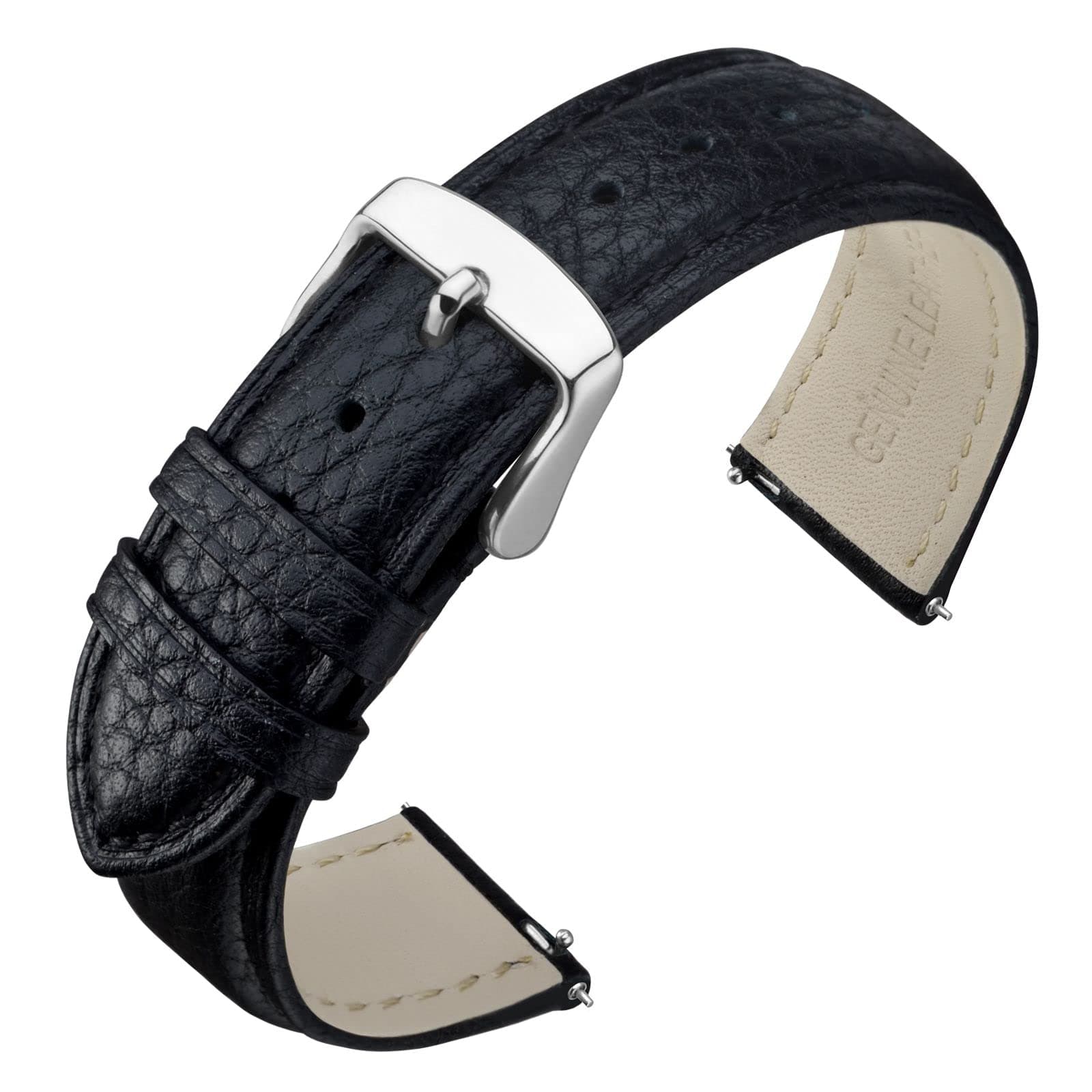 ANNEFIT Watch Band 19mm, Quick Release Textured Padded Leather Straps with Silver Buckle for Men and Women (Black)