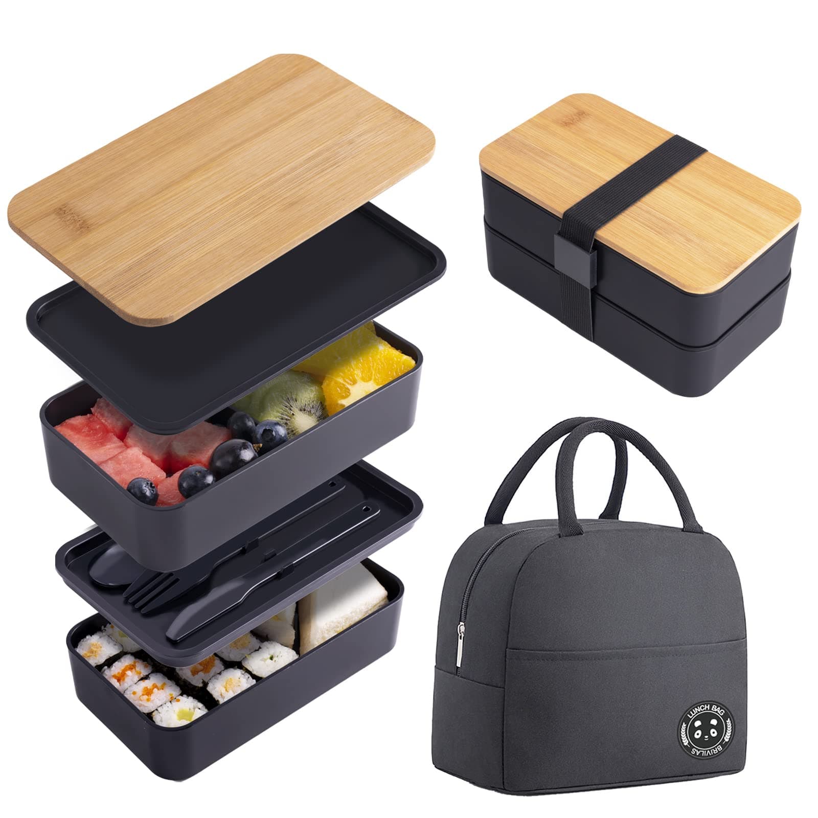 - Japanese Bamboo Bento Box with Compartments and Utensils Stackable Lunch Box Includes Lunch Bag for Meal Prep Black