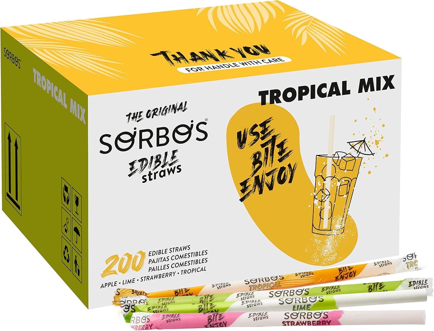 SORBOS Edible Straws, Tropical Mix Flavor Variety, Tropical, Strawberry, Lime, Apple, Individually Wrapped, No Allergens, No Gluten, 7.4 inches long (Pack of 200)