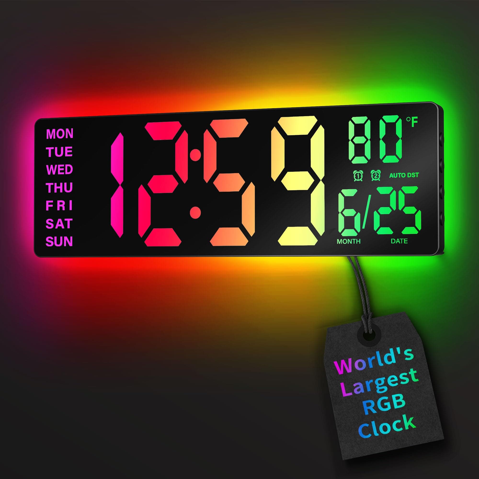 EASYERA 16.5" Large Digital Wall Clock with Remote Control, RGB Atmosphere Lights, Dual Alarms, Auto DST, Temperature for Living Room Gaming