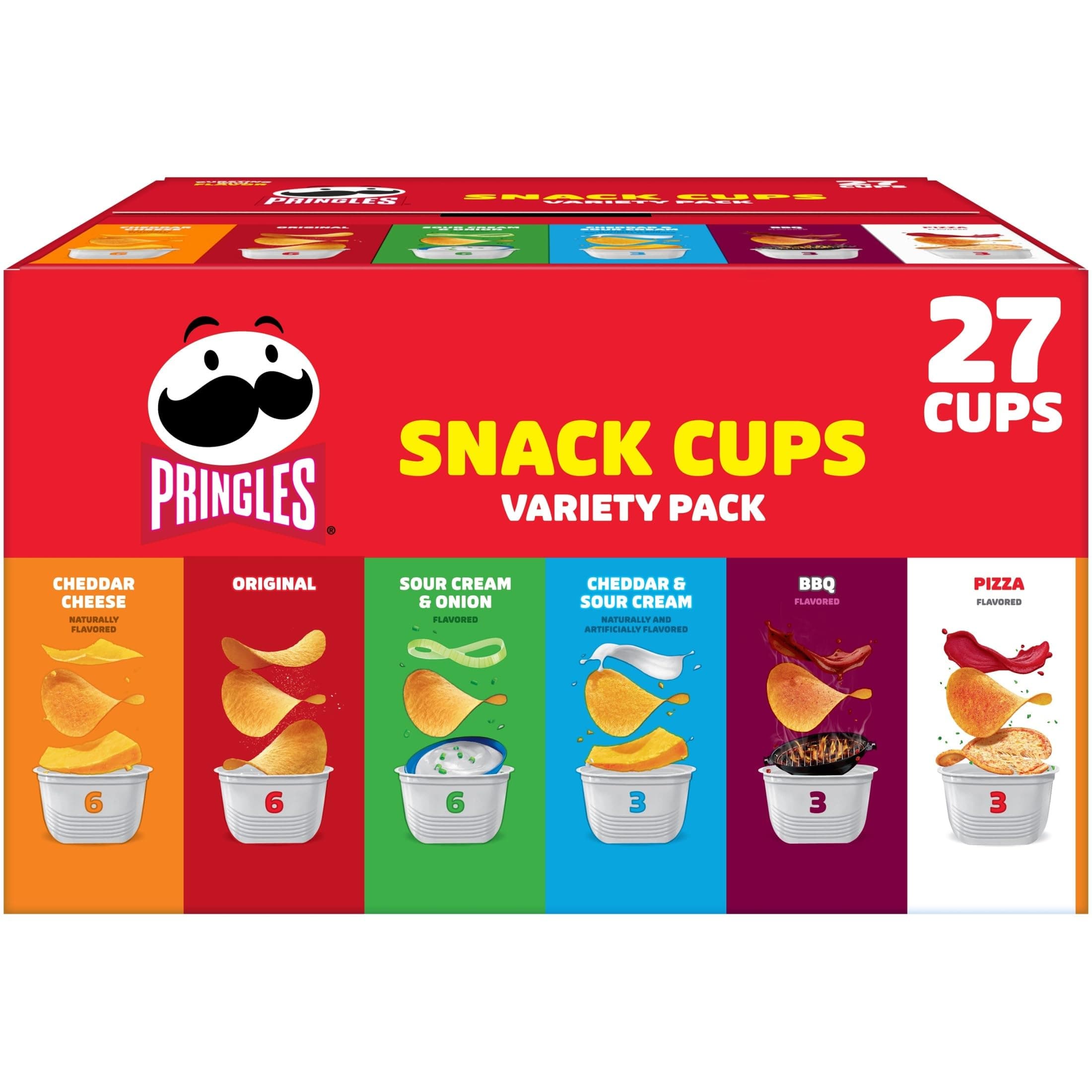 Pringles Potato Crisps Chips, Lunch Snacks, Snack Cups, Variety Pack, 19.5oz Box (27 Cups)