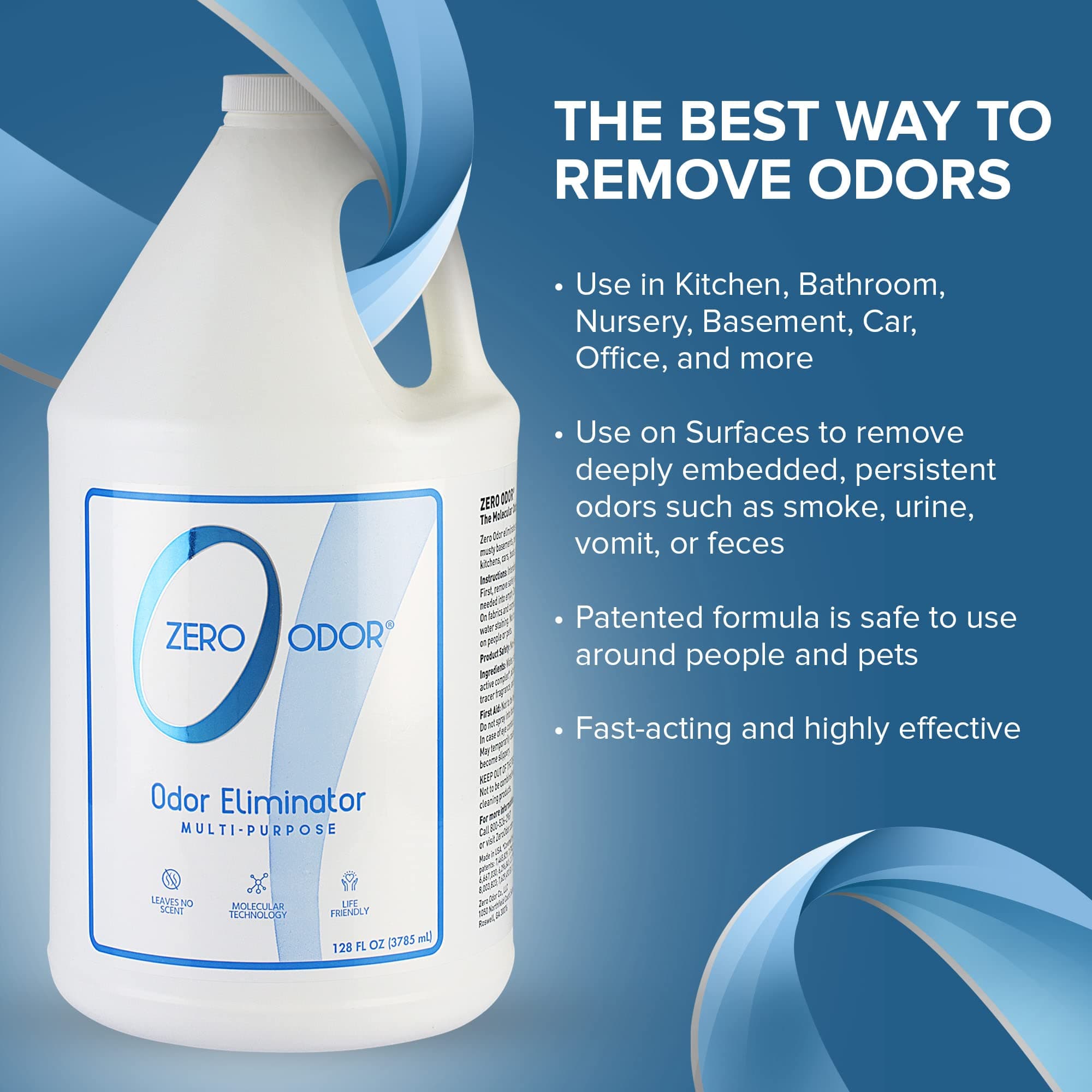 Zero Odor – Multi-Purpose Odor Eliminator - Eliminate Air & Surface Odor – Patented Technology Best for Bathroom, Kitchen, Fabrics, Closet- Smell Great Again, 128oz Refill