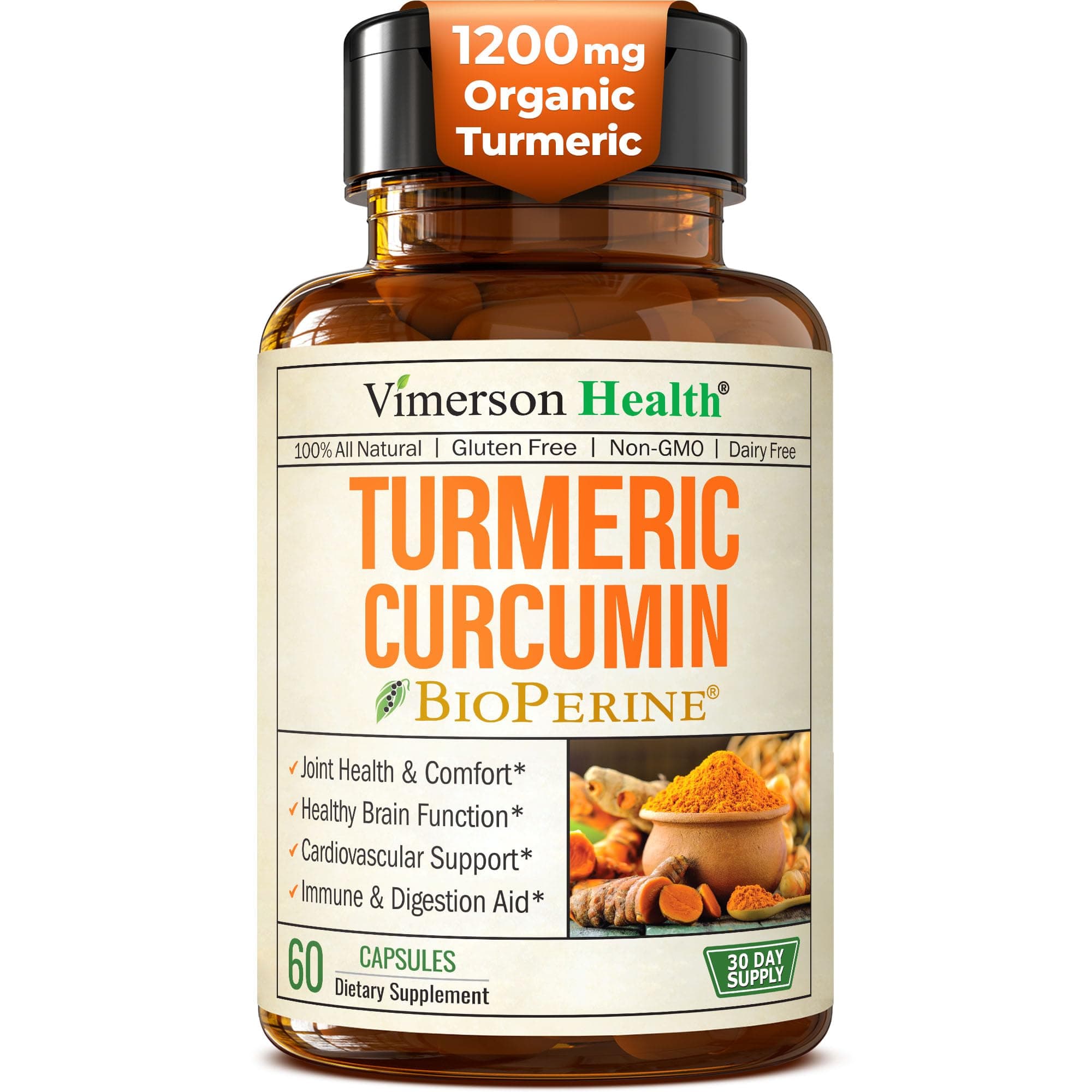 Turmeric Curcumin Supplement - 1200 mg Organic Turmeric + Tumeric Extract (95% Curcuminoids) for Joint Support & Digestive Health - Turmeric Supplement - Pure Curcumin with Black Pepper - 60 Capsules