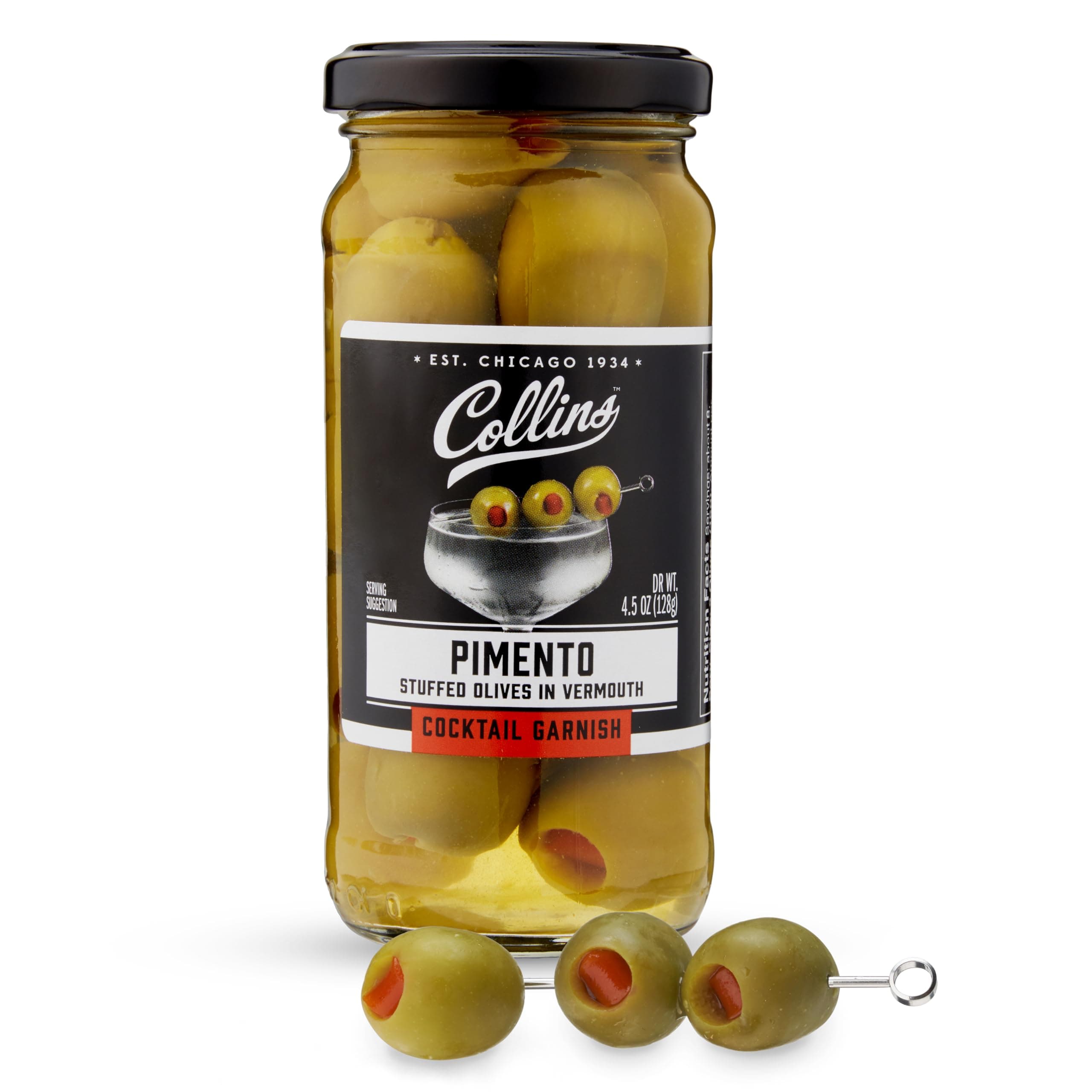 Collins Gourmet Vermouth Pimento Olives | Premium Garnish for Cocktails, Martinis, Drinks, Salads, Snack Trays, Charcuterie, and Cheese Spreads, Dirty Martini Cocktail and Condiment Olives, 4.5oz