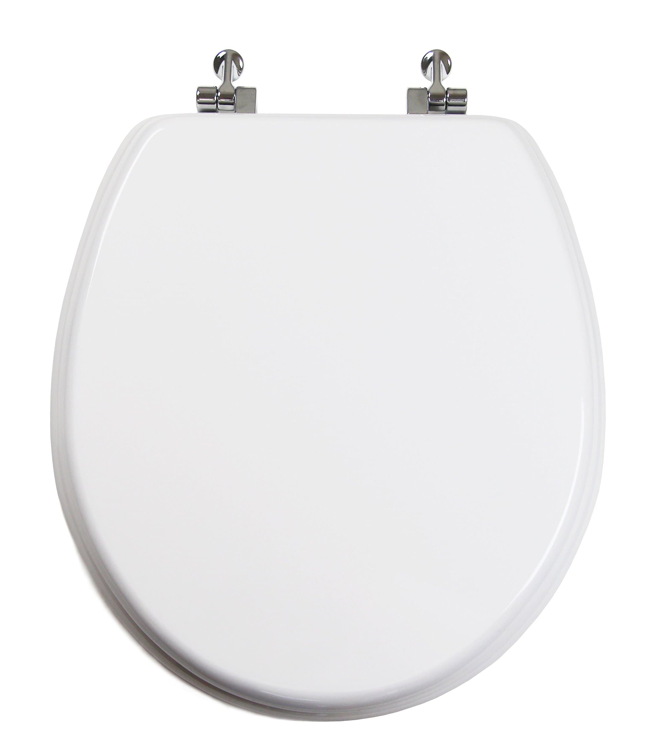 Round Toilet Seat w/Chromed Metal Hinges, Wood, White