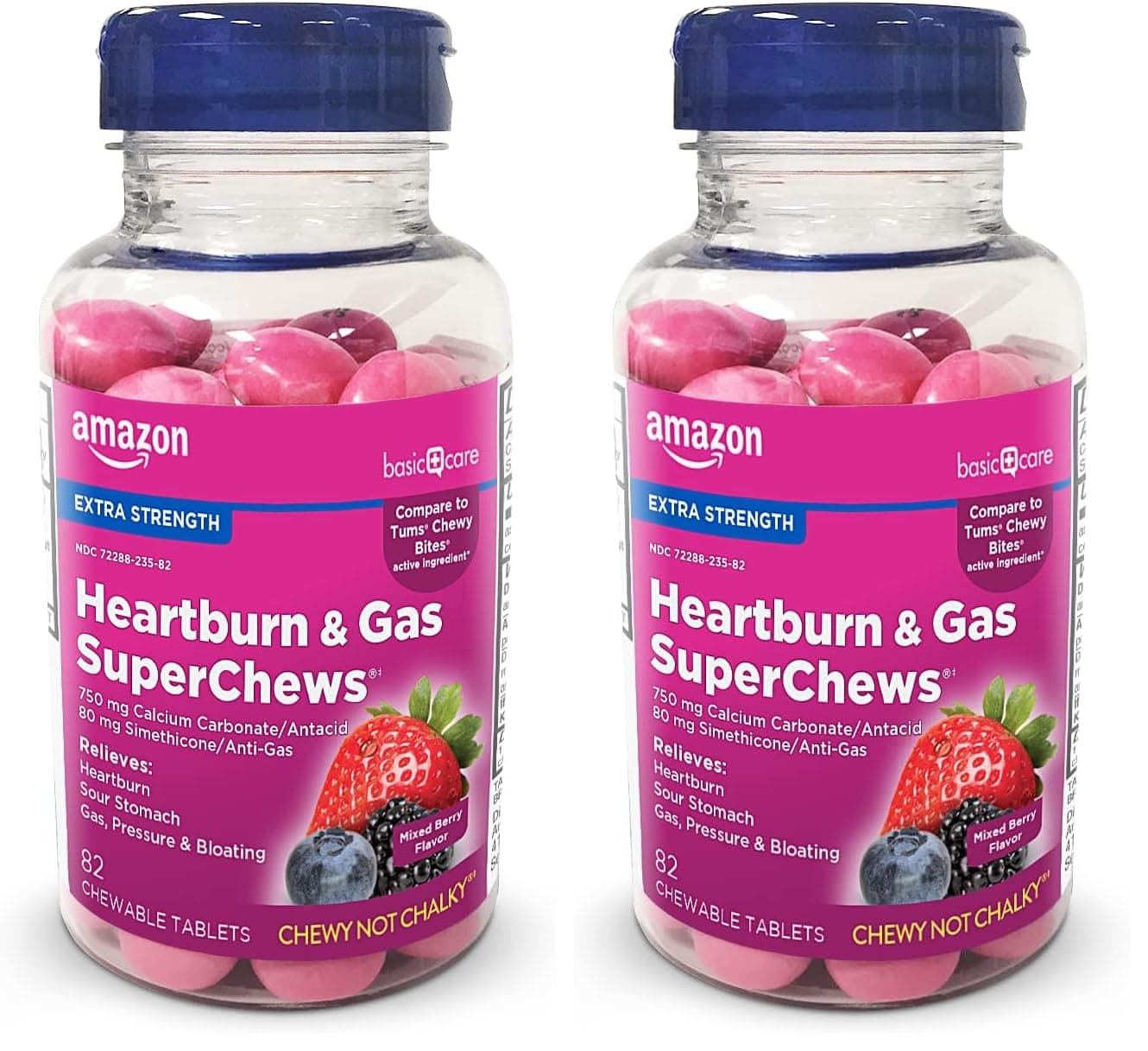Amazon Basic Care Heartburn & Gas SuperChews Chewable Tablets,Fast-Acting Relief,Mixed Berry,(Previously SoundHealth),82 Count (Pack of 2)