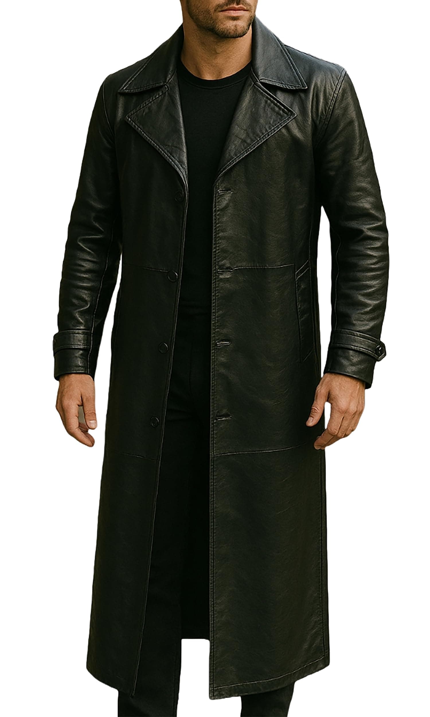 Black Leather Trench Coat - Men’s Genuine Vintage Lambskin Leather Full Length Classic Long Duster Overcoat
