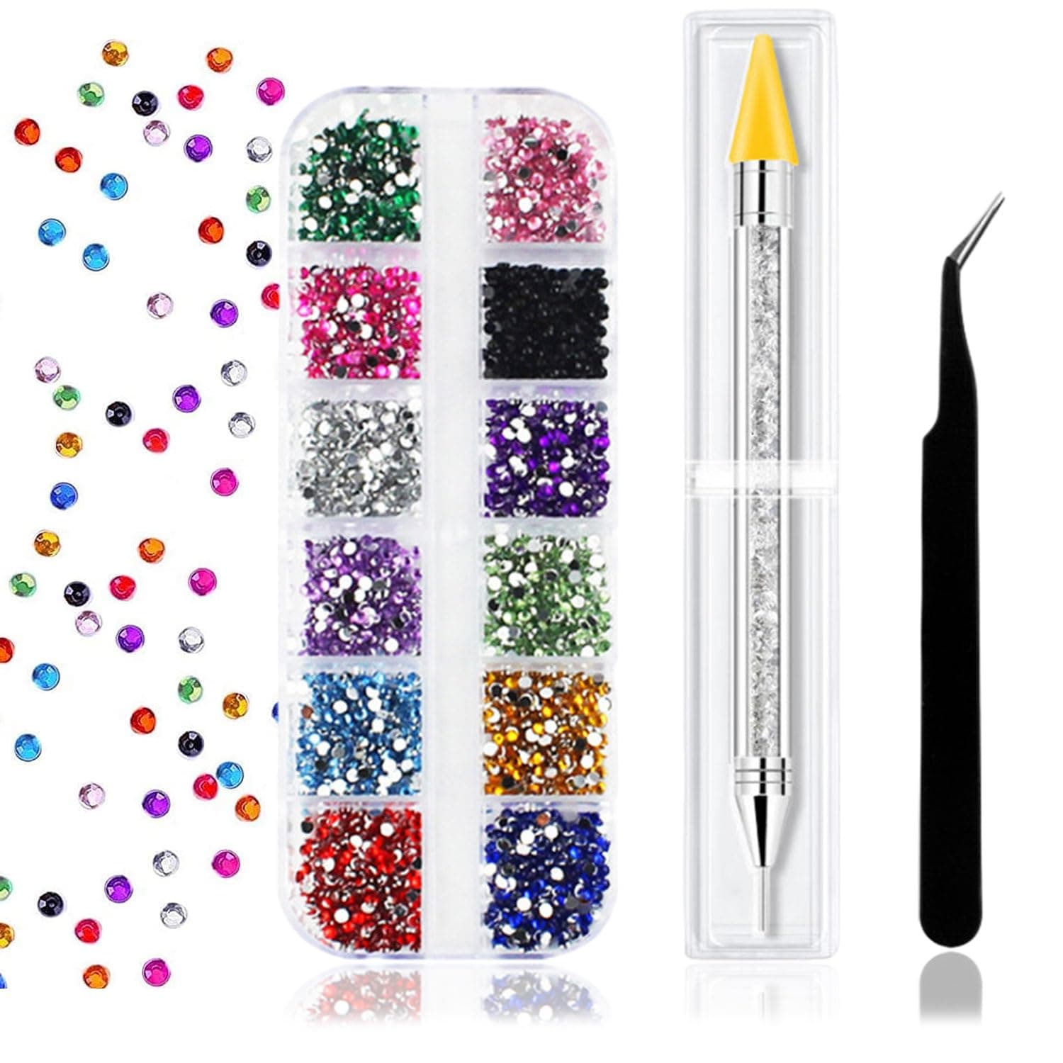1500 Pcs Rhinestones, Nail Gems, Flat Back Crystal Rhinestones with Pick Up Tweezers and Rhinestone Picker Dotting Pen, Tools for Nails, Clothes, Teeth, Face, DIY Crafts