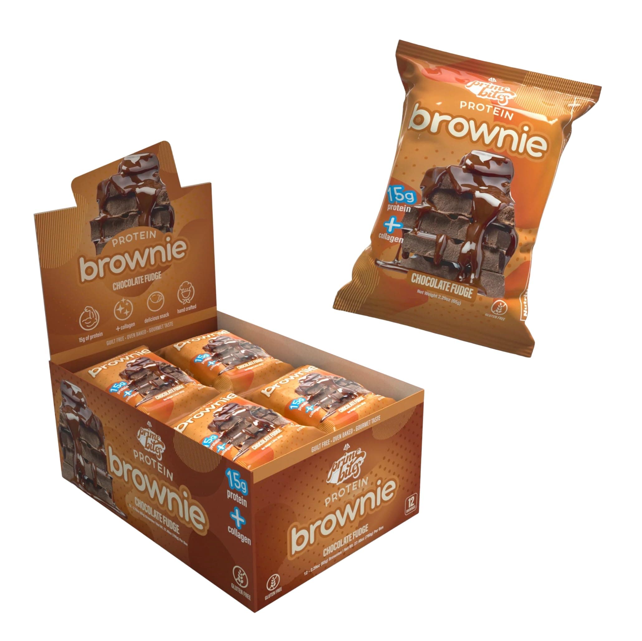 Prime Bites Protein Brownie from Alpha Prime Supplements | 16-17g Protein | 5g Collagen | Delicious Guilt-Free Snack | 12 bars per box (Chocolate Fudge)