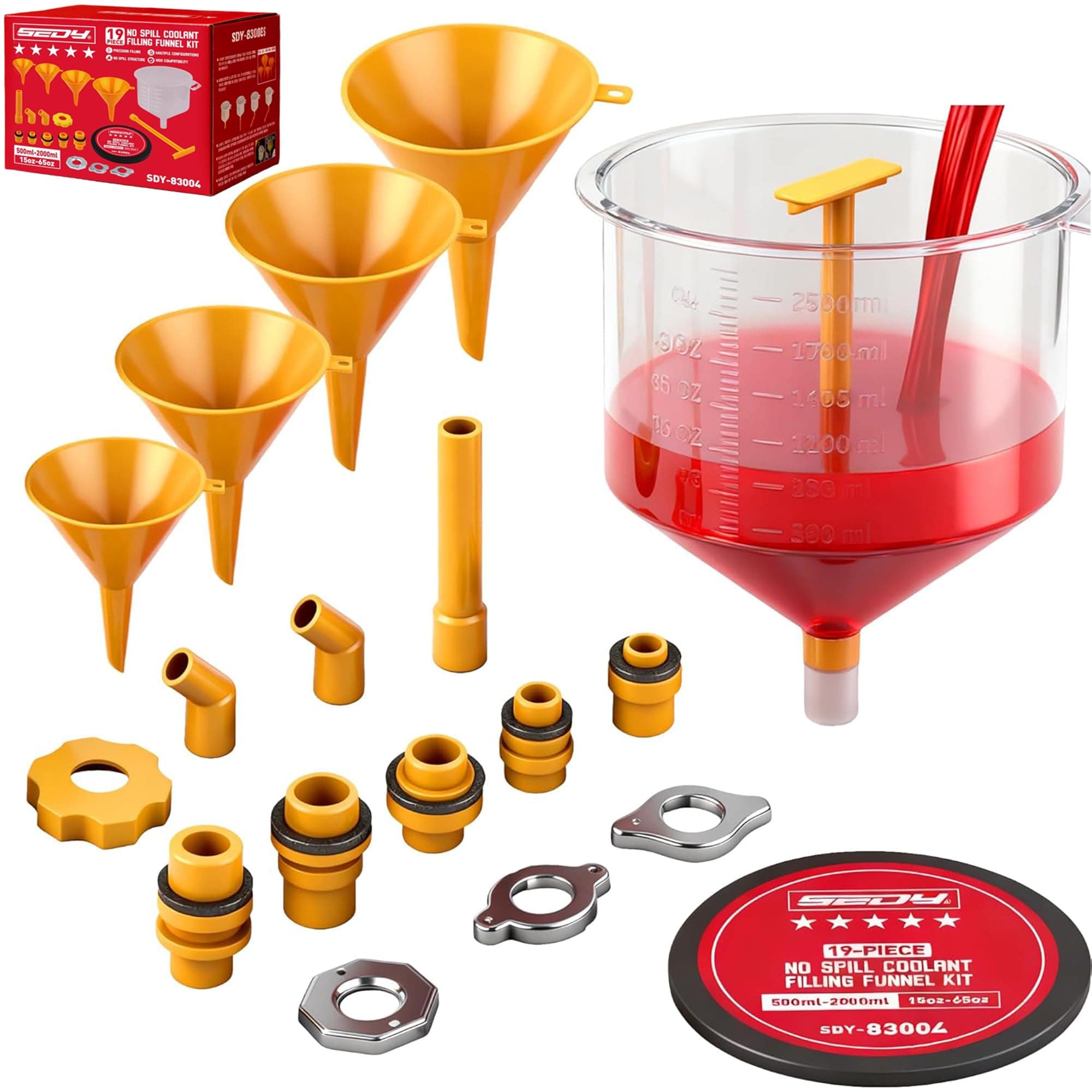 SEDY 15-Pieces No Spill Coolant Filling Funnel Kit, Spill Proof Radiator Funnel Bleeder with Adapters.General-Purpose