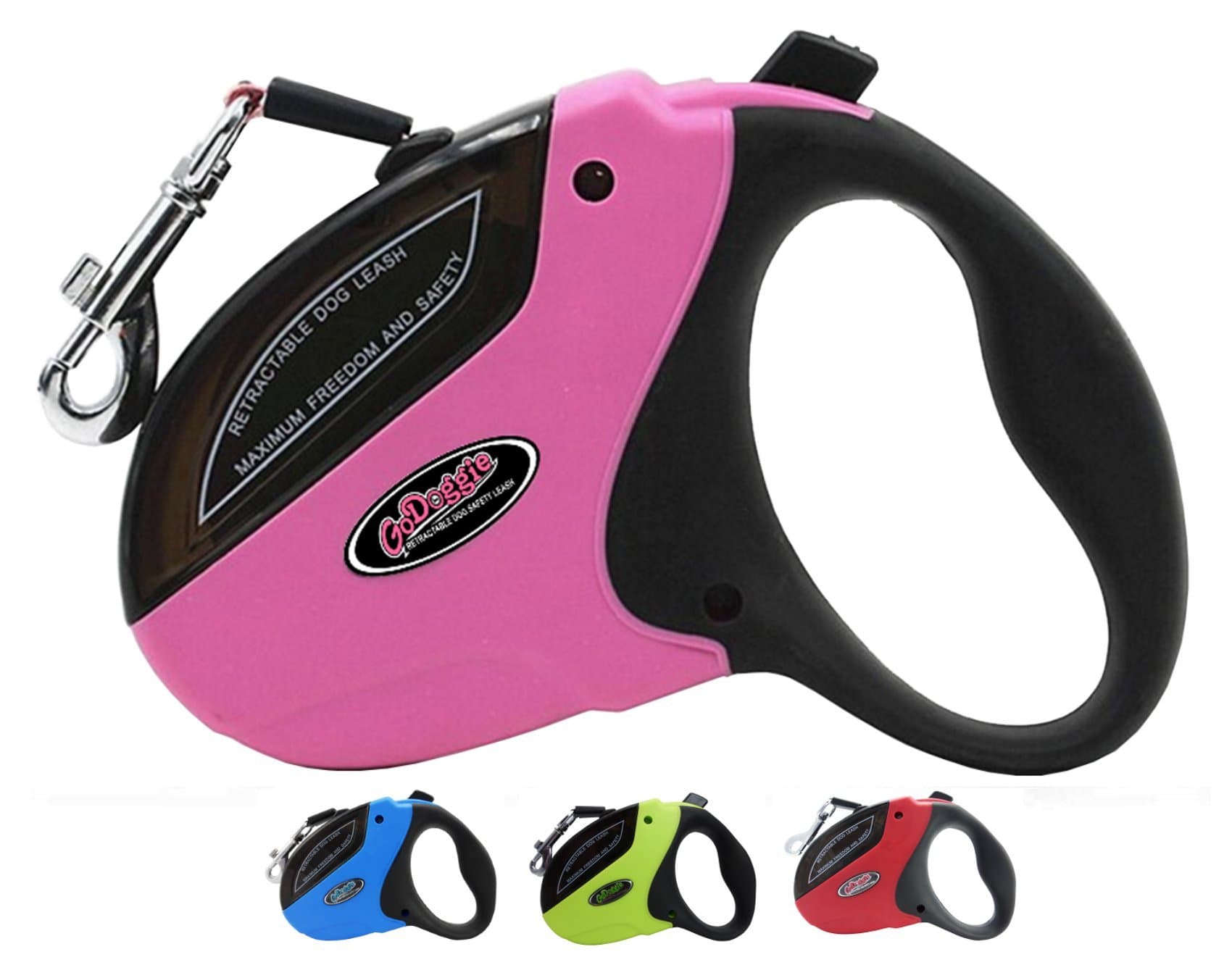 GoDoggie Retractable Dog Safety Lead - Dog Control, Freedom and Safety, Max-Grip Handle, 4 Colours, 2 Sizes, For Dogs up to 50KG, Extends to 5M/16FT, Premium Quality, Lifetime Guarantee, Pink Medium