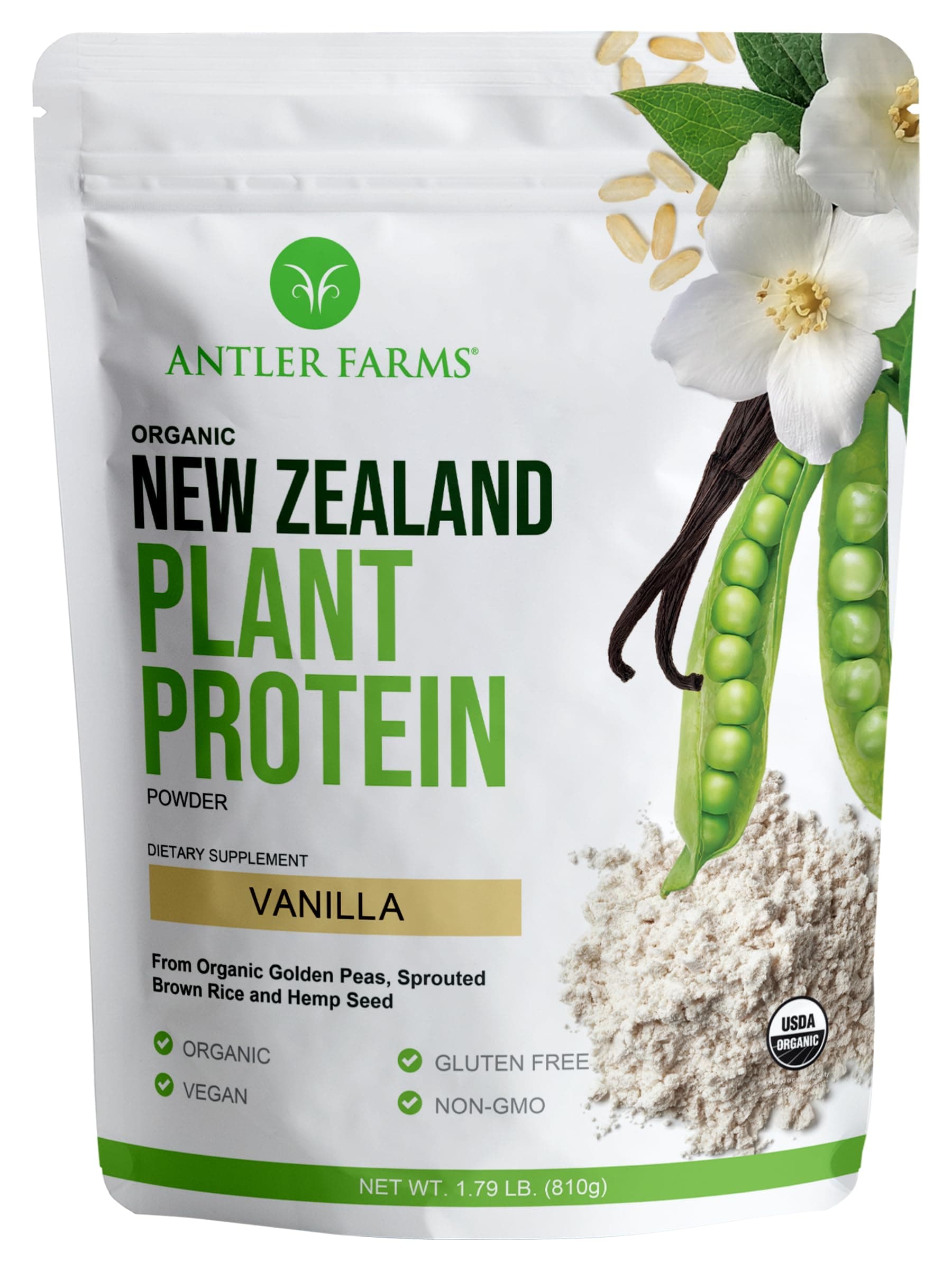Antler Farms - 100% Pure New Zealand Plant Protein, Vanilla Flavor, 1.79 lbs – Pure and Clean, USDA Certified Organic, Complete Vegan Protein, Delicious