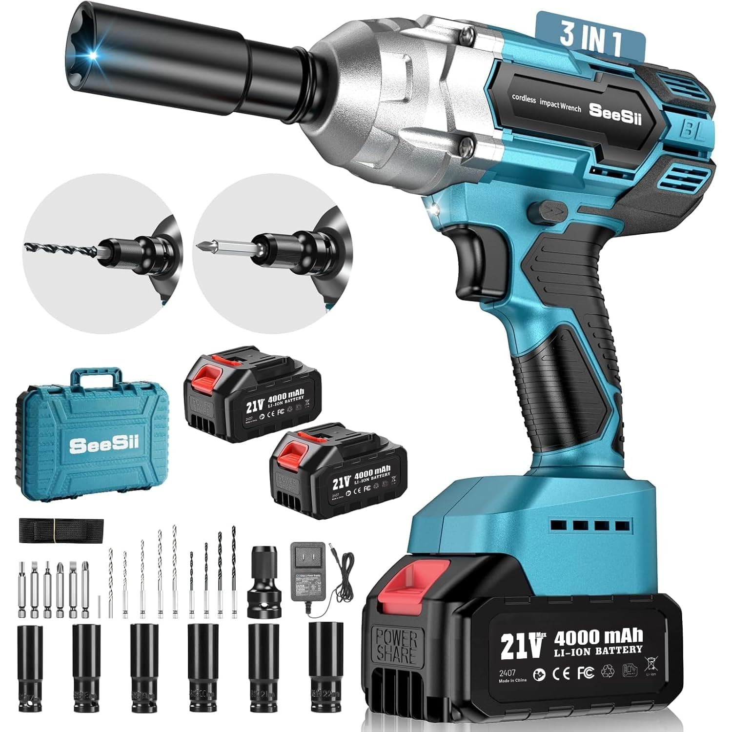 Cordless Impact Wrench 1/2 inch, High Torque 479 Ft-lbs(650Nm) Brushless Impact Gun,2500RPM w/2x4.0 Battery, 6 Sockets,8 Drill Bits, High Torque Power Impact Driver for Car Home,WH700