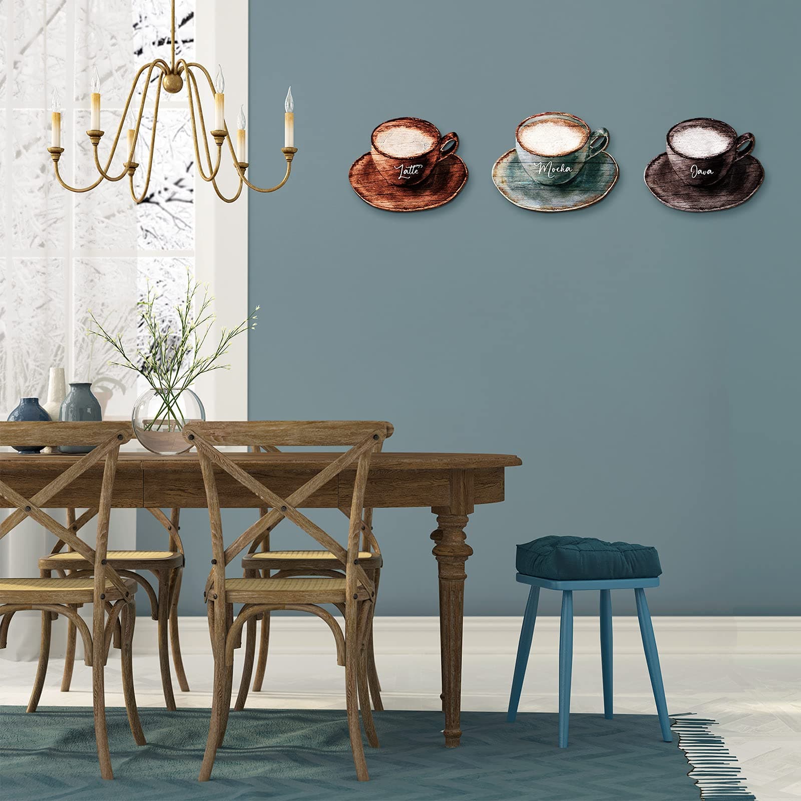 3 Pcs Wood Coffee Sign - Latte Mocha Java Letter Cup Wall Decor - Retro Bar Wooden Farmhouse Shop Decorations for Kitchen - 5.9 x 4.7 Inch