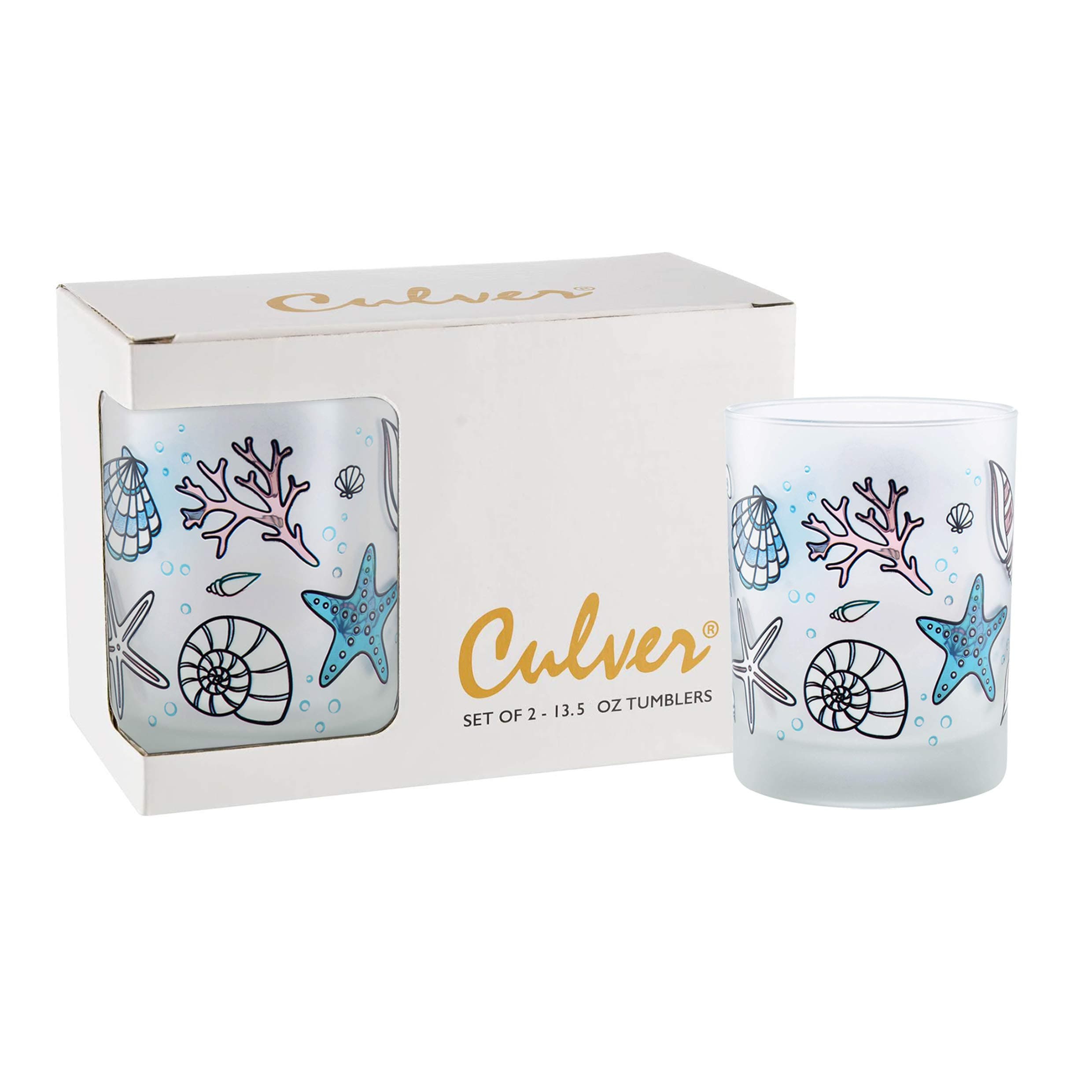 Coastal Decorated Frosted Double Old Fashioned Tumbler Glasses, 13.5-Ounce, Gift Boxed Set of 2 (Seashells)