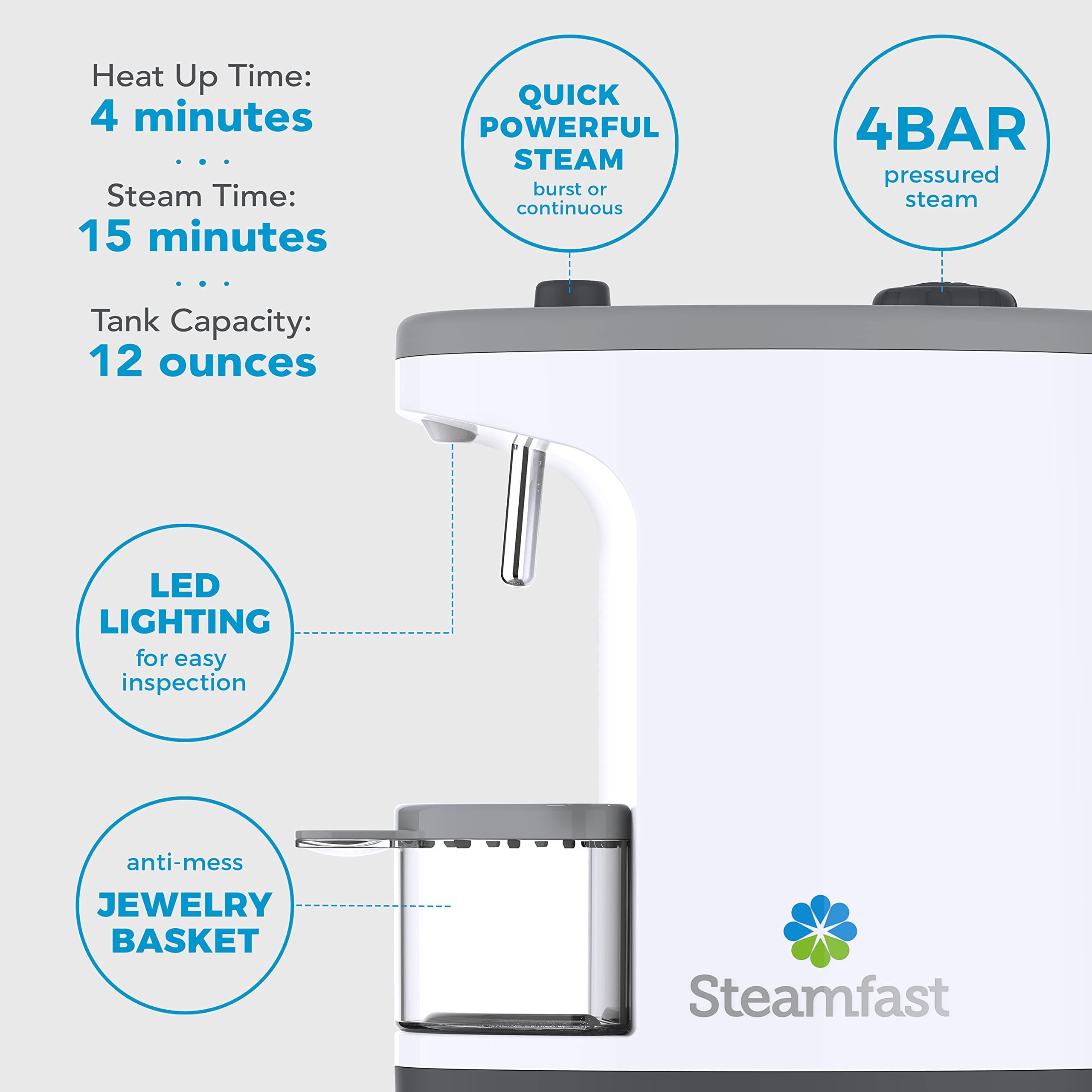 Steamfast SF-1000 JULE Steam Jewelry Cleaner, LED Lighting, Chemical Free, 15 Minute Run-Time, White