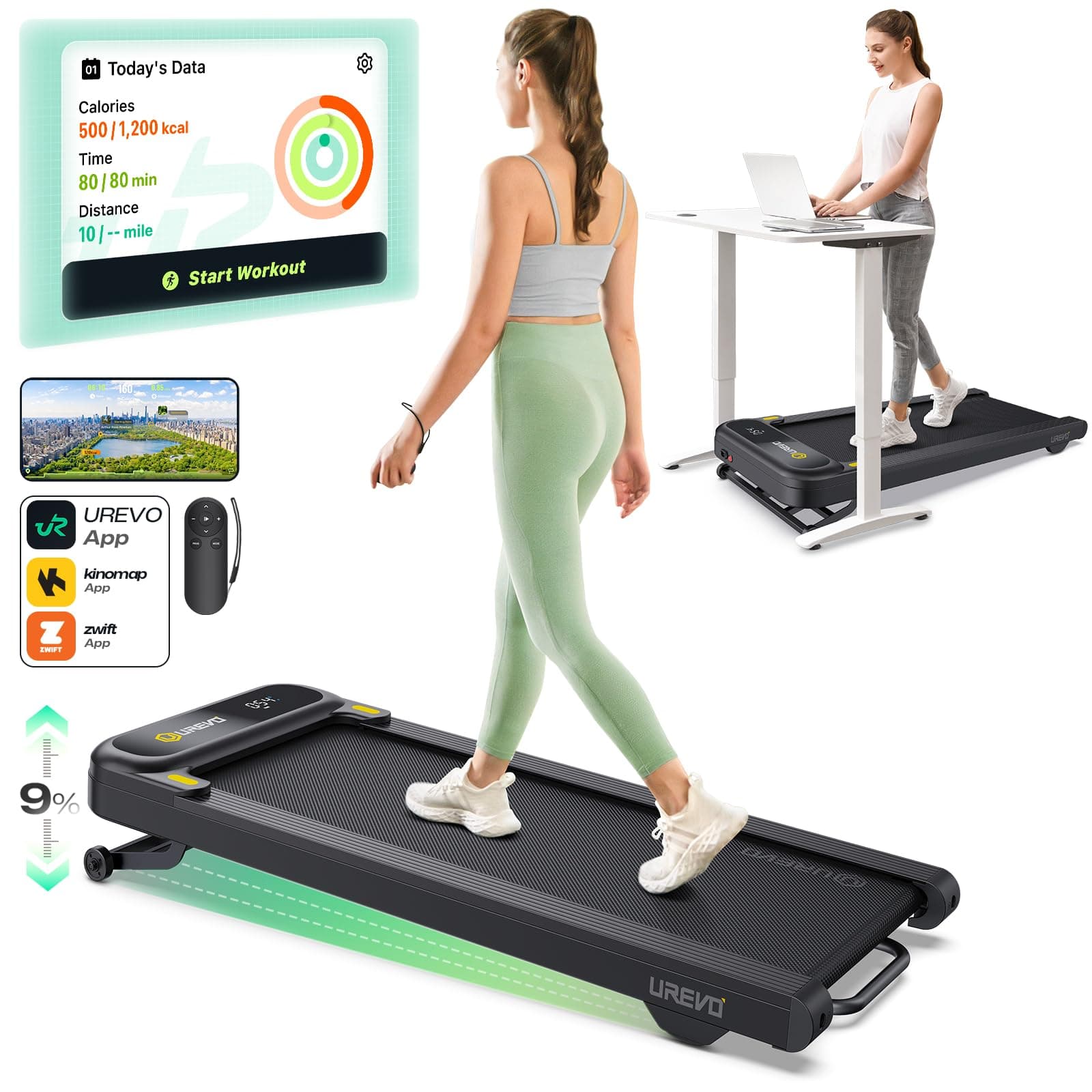 UREVO Walking Pad Treadmill with Auto Incline, 9-Level Incline Under Desk Walking Treadmill Machine with 265LBS Capacity, APP Control Foldable Mini Treadmill for Home Office