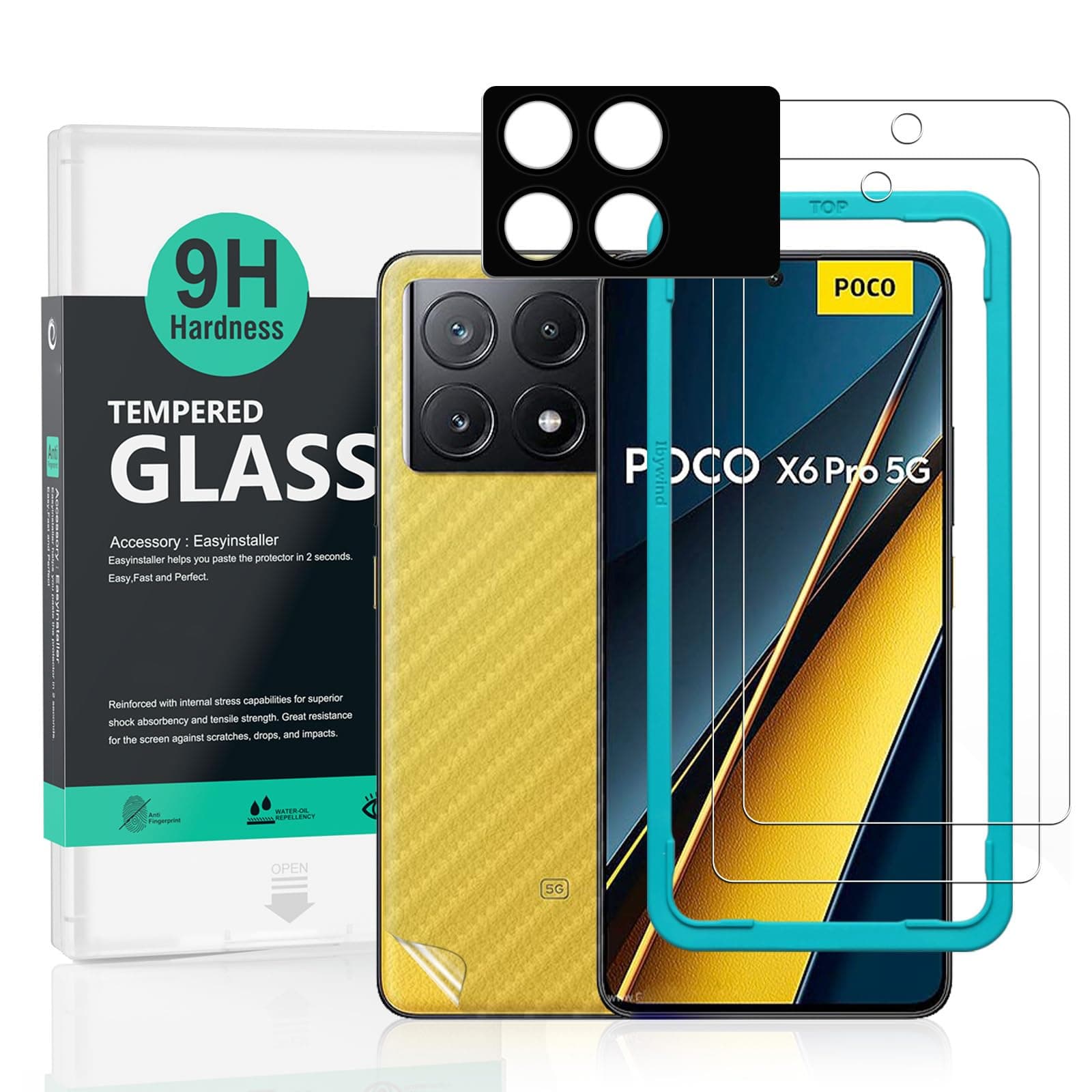 2 Pack Screen Protector For Xiaomi Poco X6 Pro 5G 6.67",9H Hardness Tempered Glass,With 1Pc Camera Lens Protector,1Pc Back Carbon Fiber Film