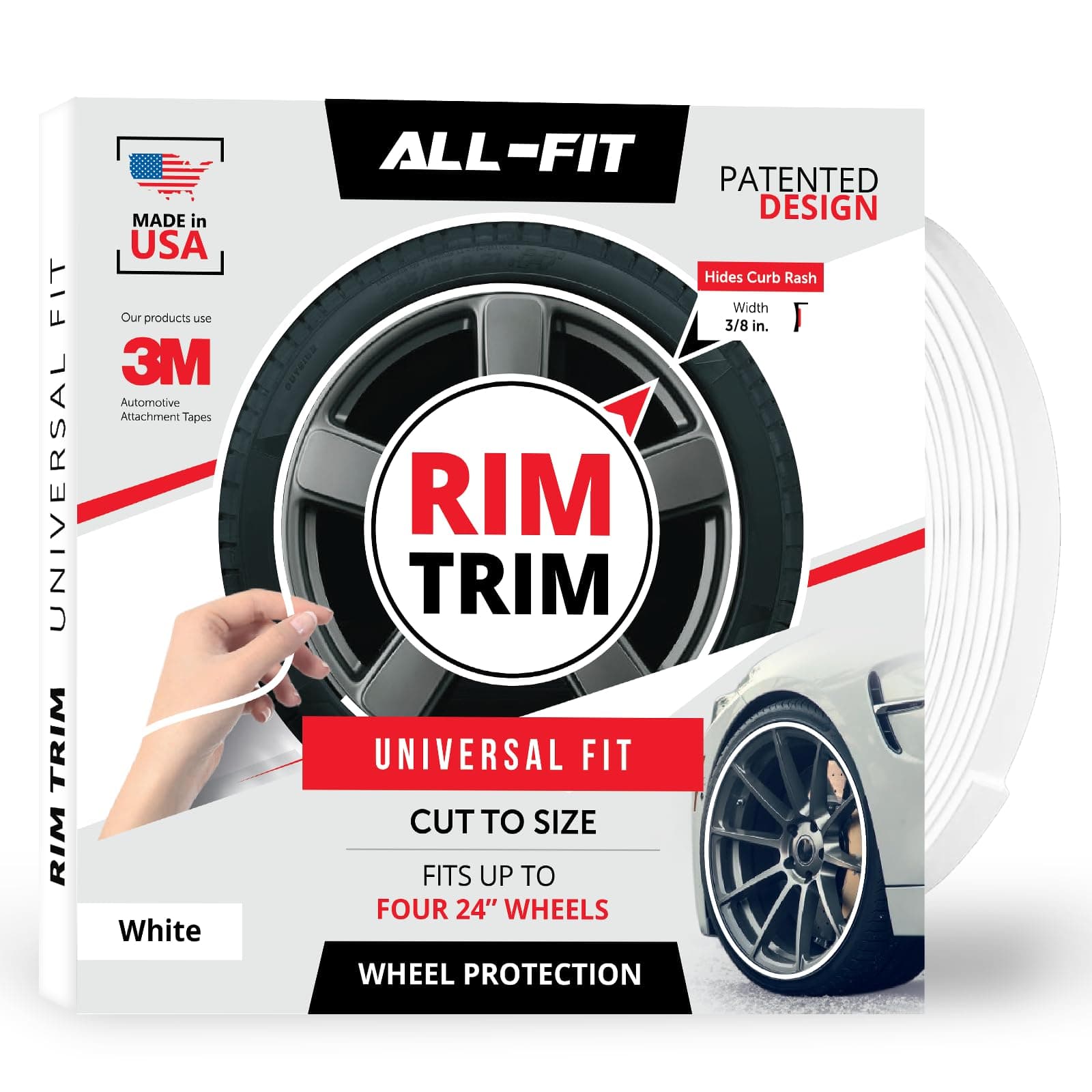 All-Fit Automotive Rim Trim – Durable DIY Car Exterior Accessories for Curb Rash Protection – Fits Up to Four 24” Wheels – Flexible, Durable Wheel Rim Protector (3/8″ width/White)