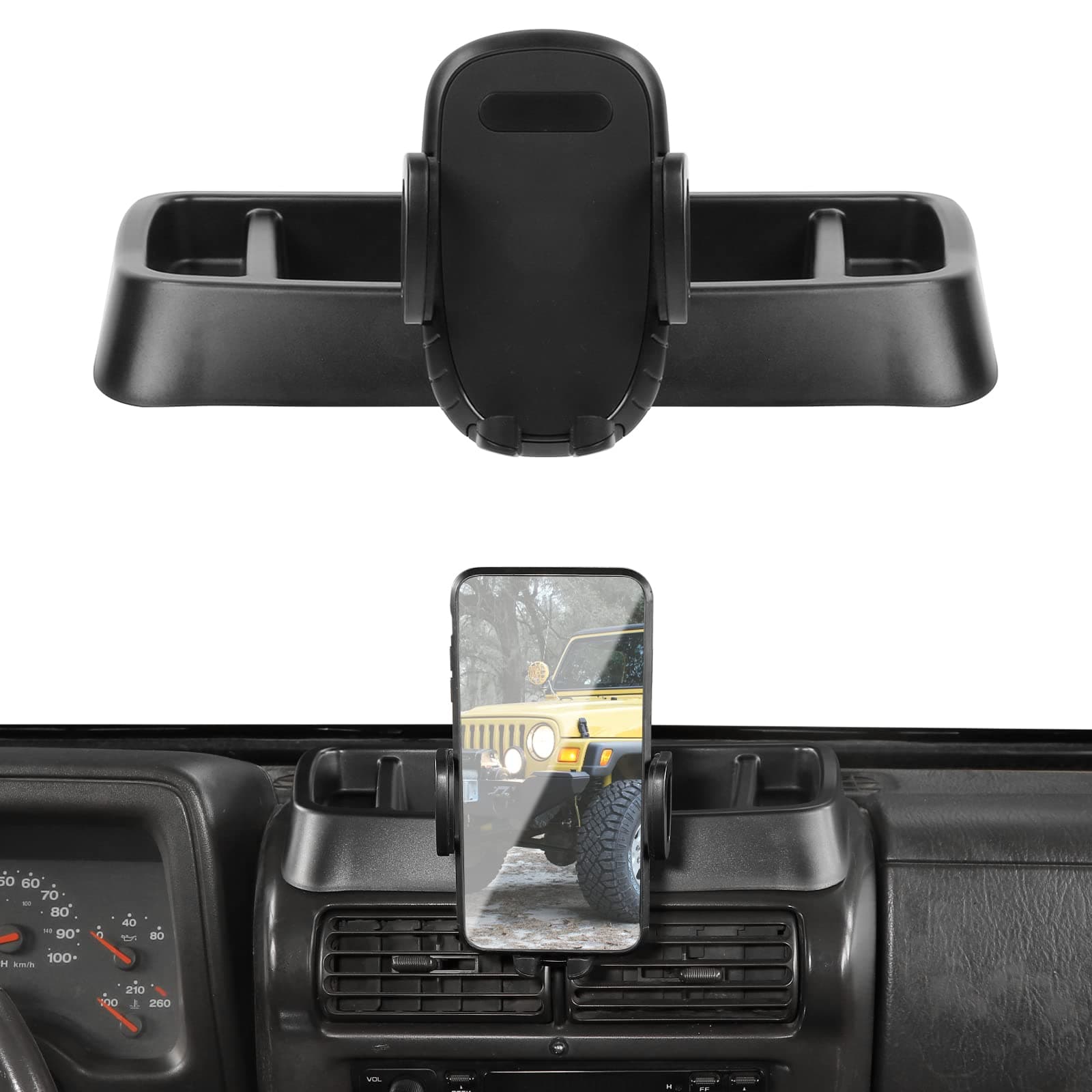 TJ Phone Holder Upgrade Dash Cellphone Mount with Storage Tray Interior Accessories Compatible with Jeep Wrangler TJ 1997-2006