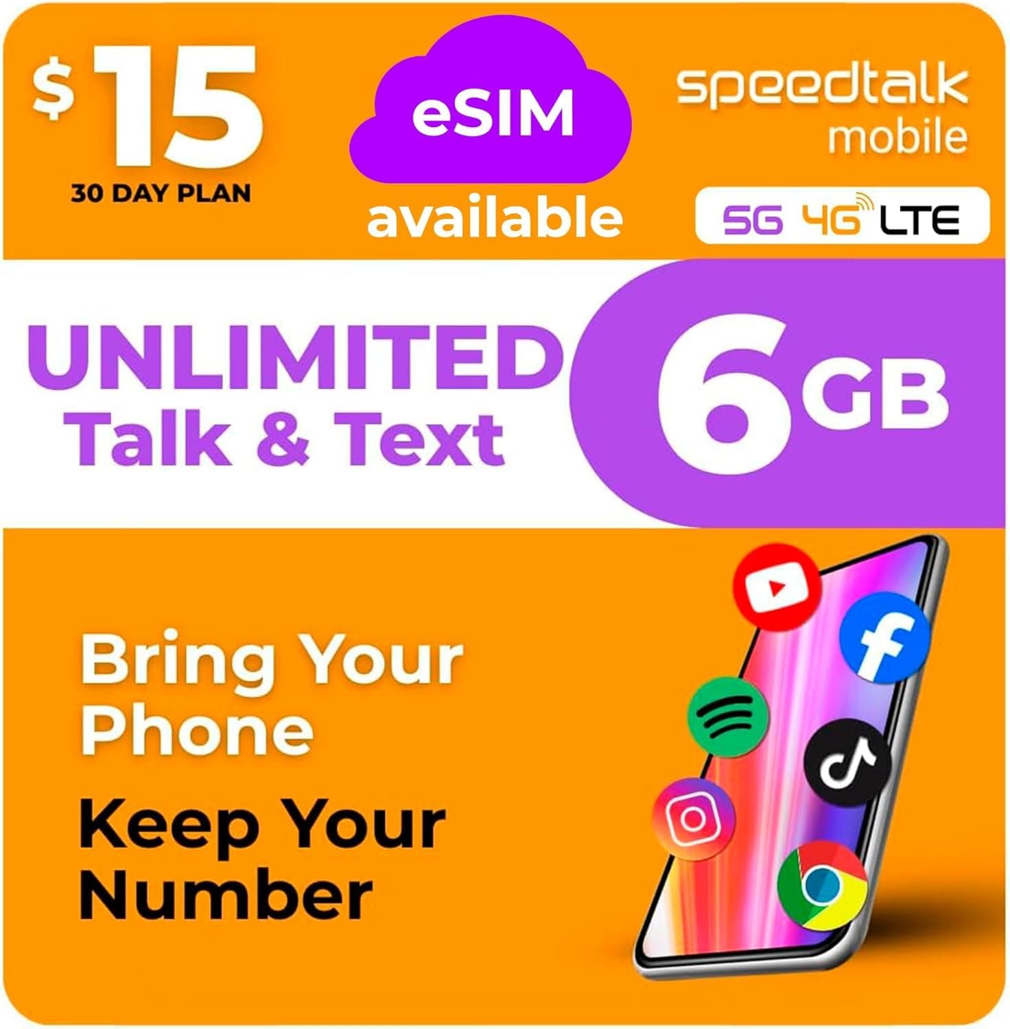 Prepaid SIM Card Unlimited Talk & Text 6GB of 5G 4G LTE Data 30 Days Cell Phone Service Prepaid Subscription Plan Cancel Anytime 3in1 Simcard -Standard Micro Nano