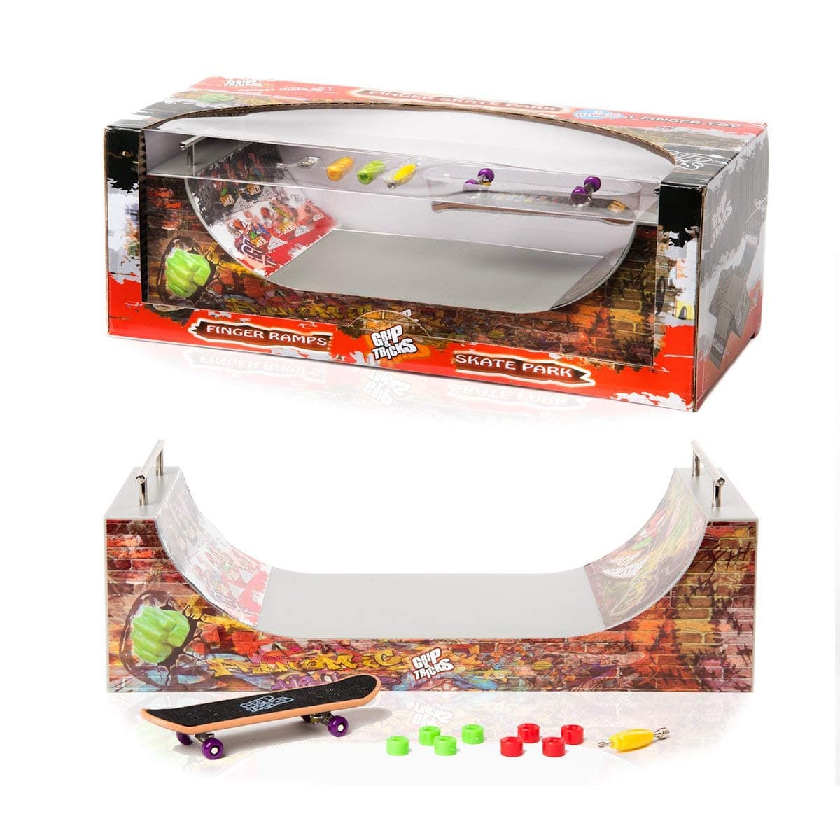 SPIRITRIDERS GRIP TRICKS and - Fingerboard Park Halfpipe with 1 Finger Skate 8 Extra Mini Fingerboards Wheels and 1 Mini Skateboard Tool - Finger Toy 28x11x10 cm for 6+ years old Kid